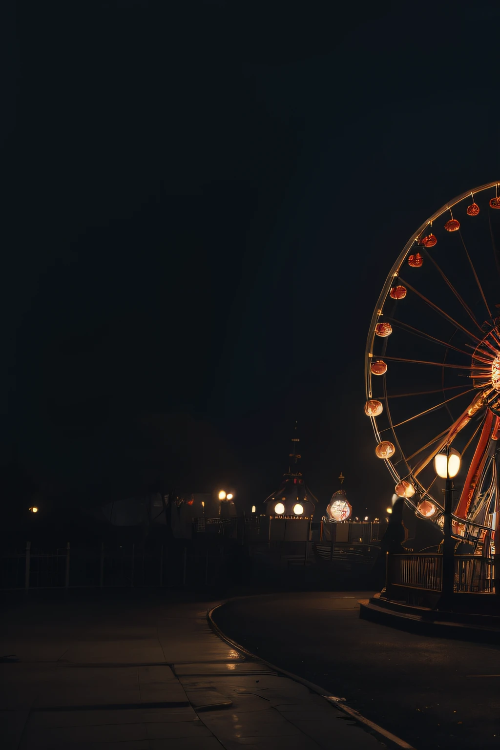 dark amusement park、
creepy merry-go-round、
creepy clown、
foggy night、