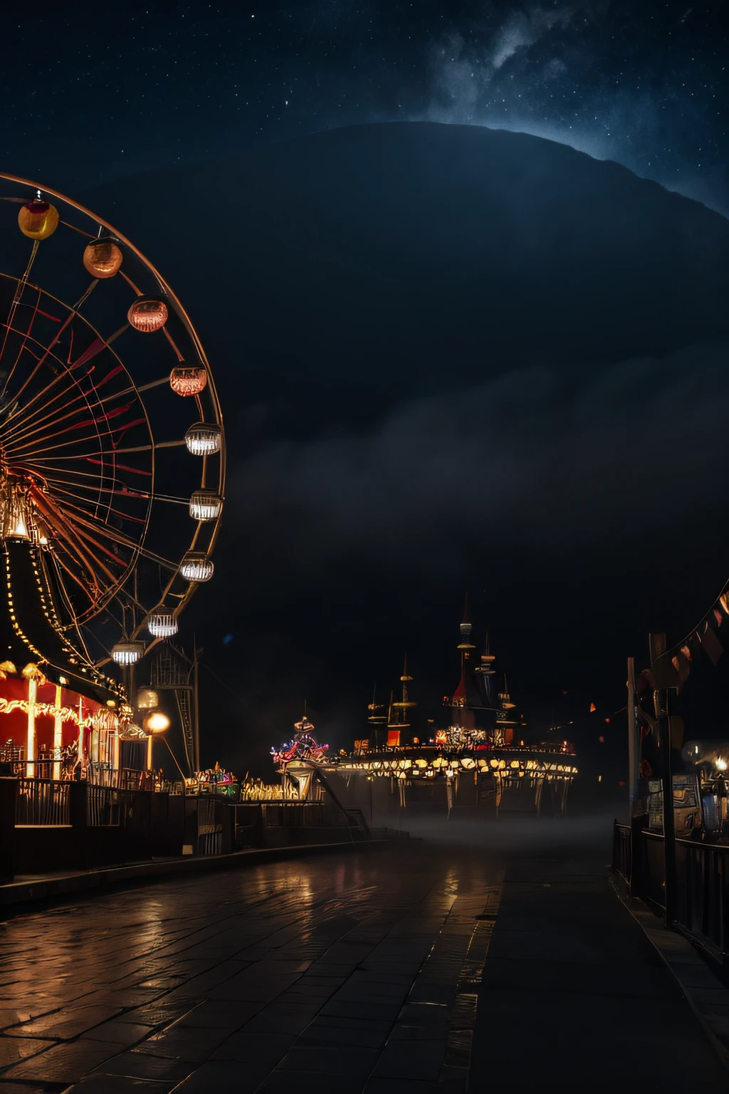 dark amusement park、
creepy merry-go-round、
creepy clown、
foggy night、