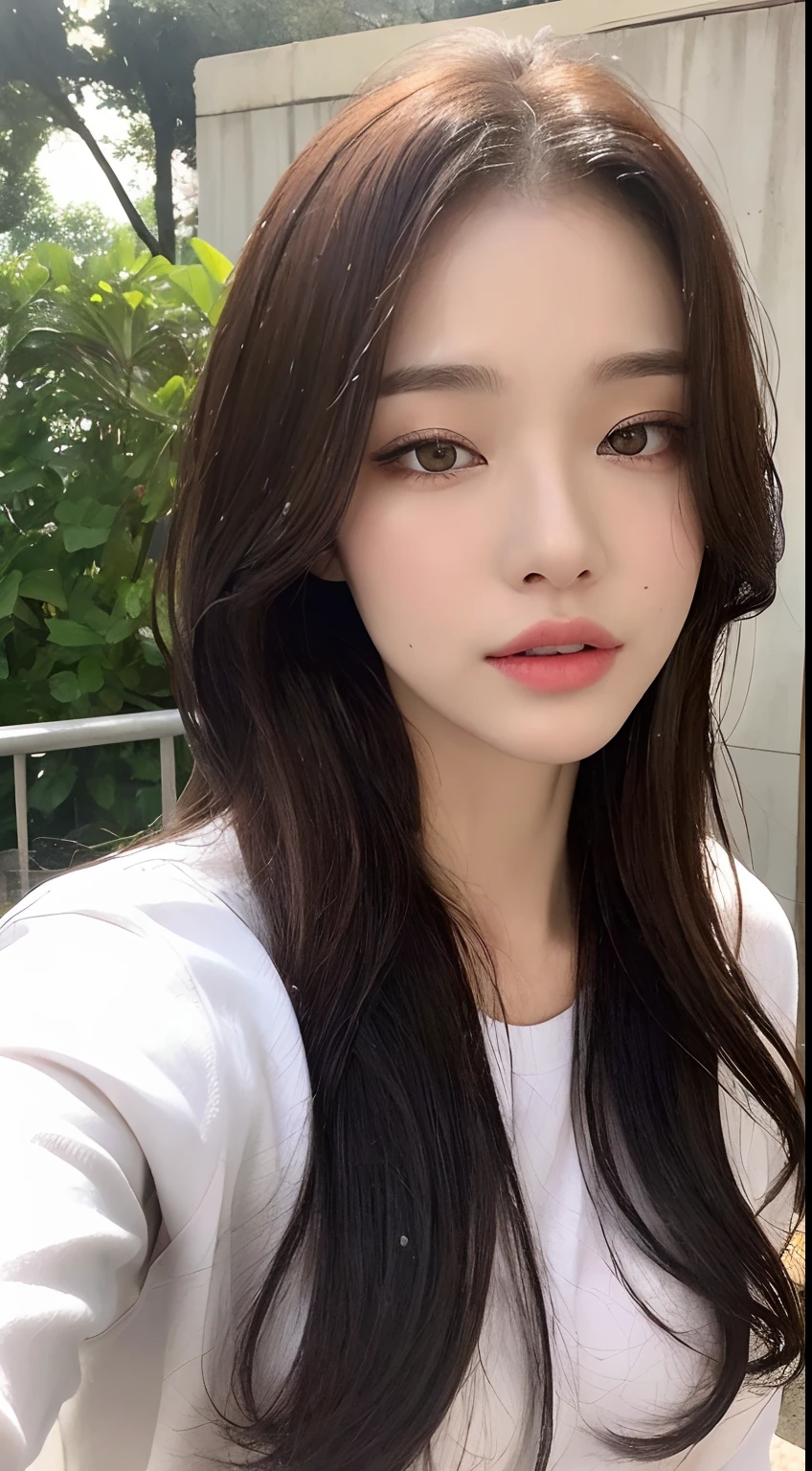 (top-quality、4k、masterpiece:1.3)、Beautuful Women、1girl in、dark brown hair:1.1、(rainy wet、wet from the rain、a wet body:1.2)、white t-shirts、hyperdetailed face、detailed lips、A detailed eye、二重まぶた、Concrete background、Margins on top, bottom, left, and right