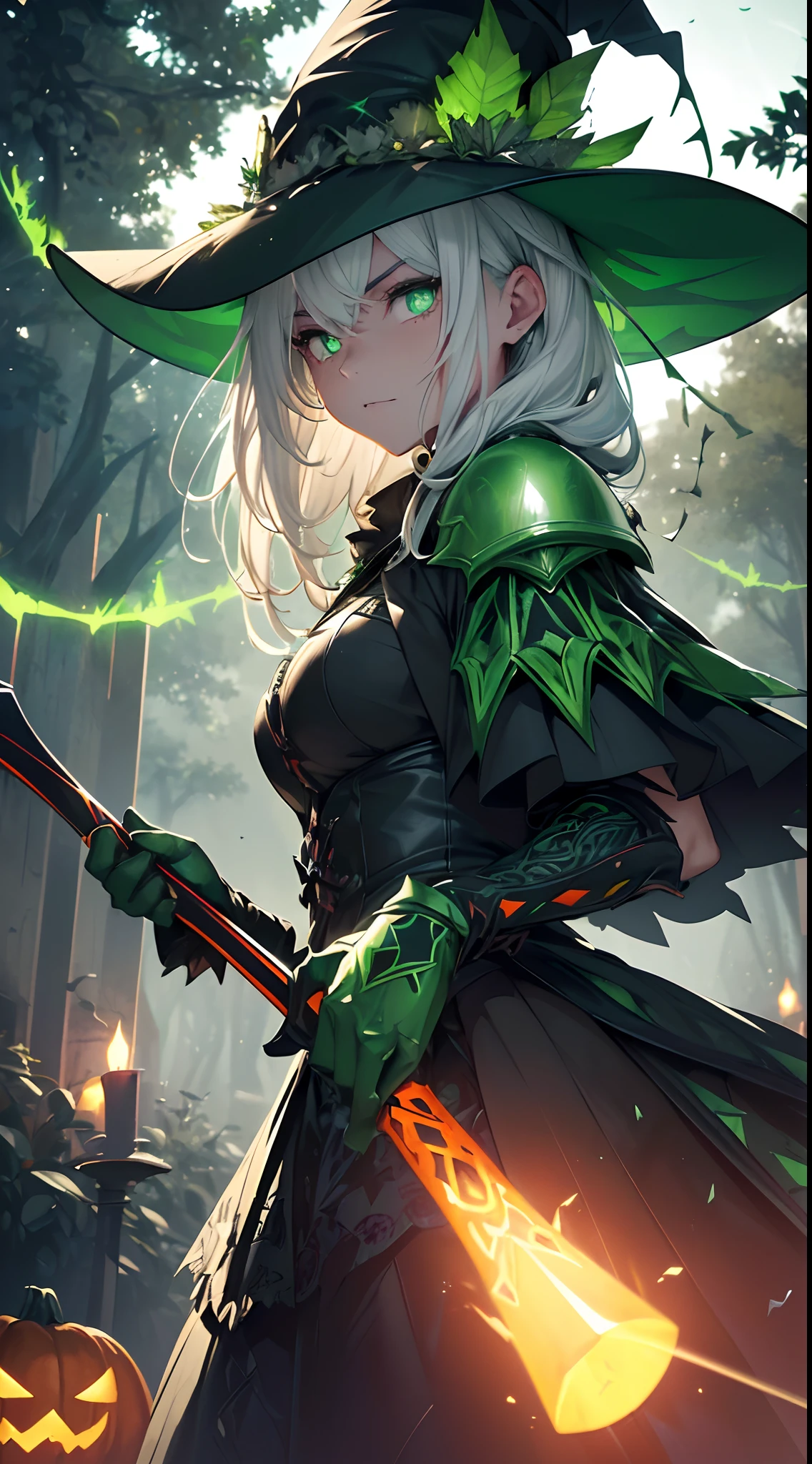 (a man in green armor,a neon sword,white hair,a green witch hat, Halloween theme with pumpkins, detailed bats in red, HD)>
(best quality,4k,highres,masterpiece:1.2),ultra-detailed,realistic>
(portraits,horror,concept artists)>
(green materials,3D renderings)>
(detailed armor pieces, shiny surface, intricate engravings)>
(fierce expression, glowing eyes)>
(with menacing aura, dark background)>
(green fog, eerie atmosphere)>
(white hair flowing in the wind)>
(green witch hat with spider web patterns)>
(Halloween decorations, pumpkins, candles)>
(detailed bats with vibrant red wings)>
(reflective surface on the sword, neon glow)>
(subtle shadows emphasizing the details)>
(vivid colors, saturated greens and deep reds)>
(dramatic lighting, focused on the character)>,(fondo de bosque embrujado nocturno:1.4)