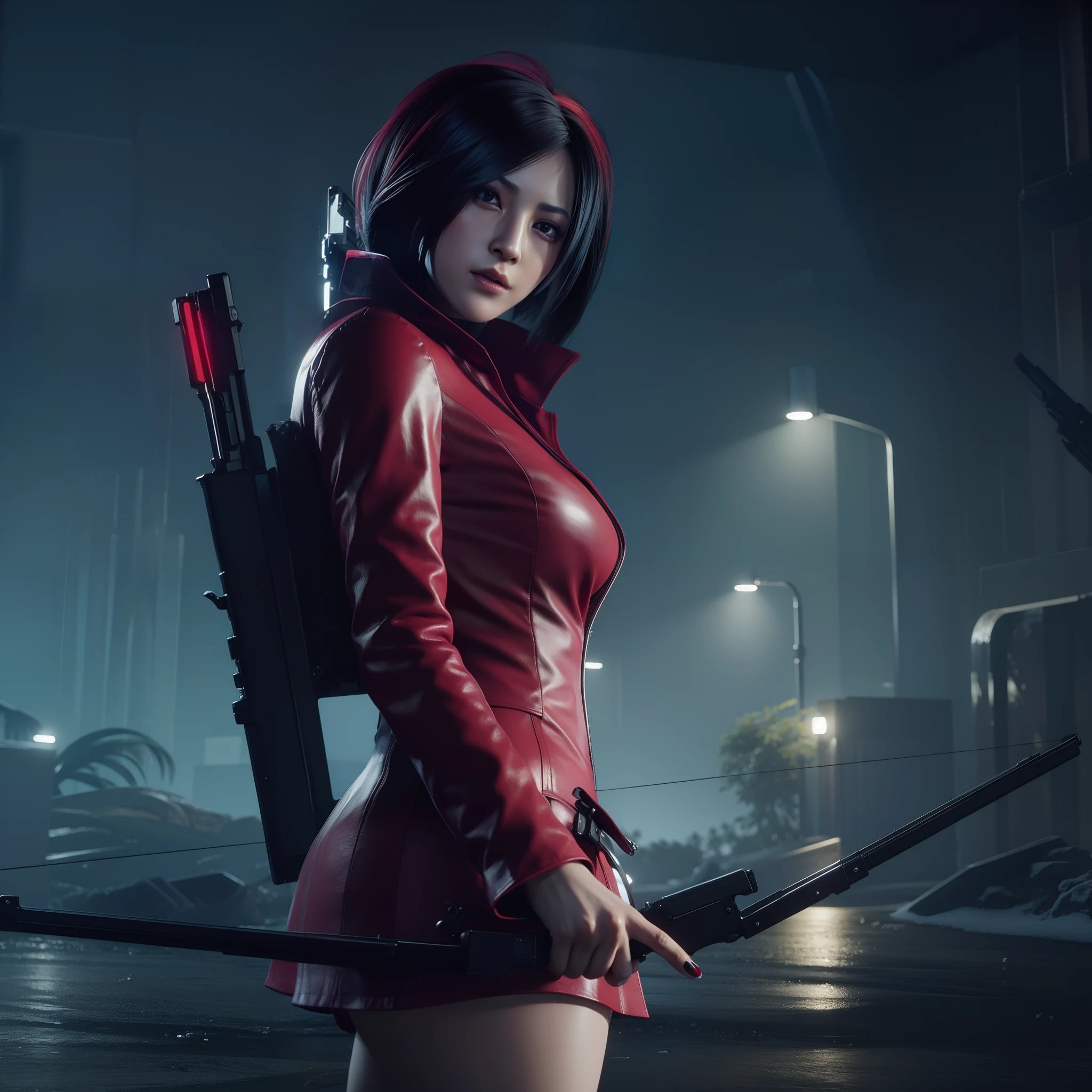 HD, ada wong, beautiful face, bob hair, red coat with black nail polish,  glare, holding a gun