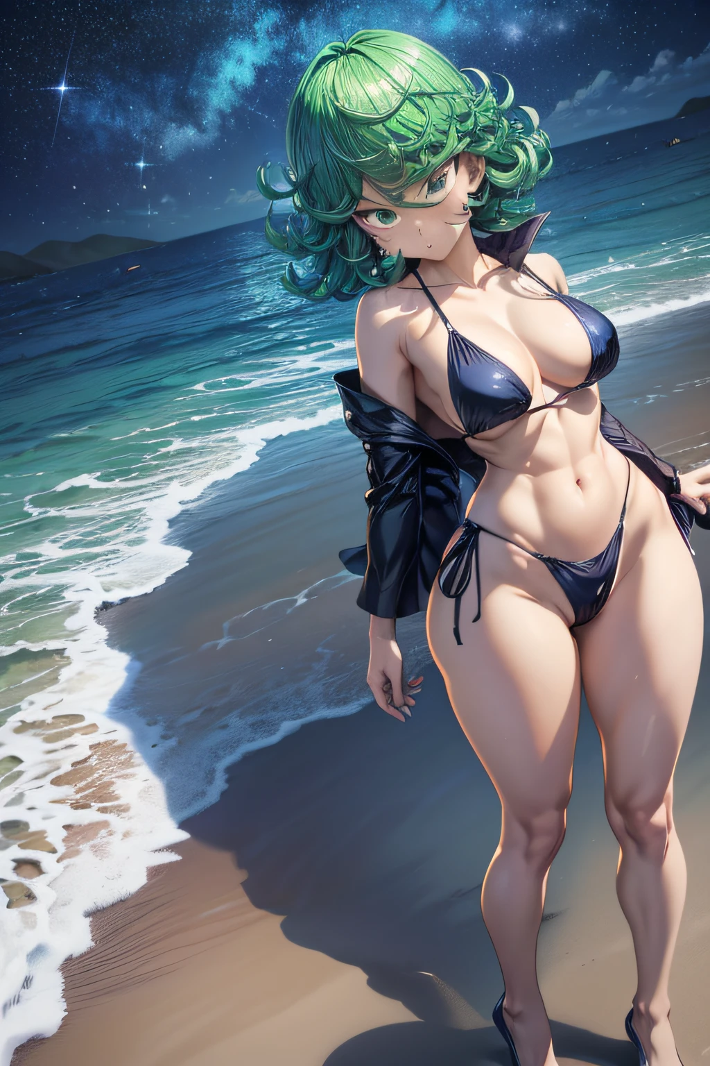 Tatsumaki de um homem de soco, cabelo verde curto, olhos verdes, peito pequeno, (((wearing bikini))), whole body view, (Standing on the beach at night with starry sky and full moon), (((pernas musculosas))), cintura fina, muscle in the stomach, bunda grande, (((foto de corpo inteiro))), barefoot, ((( Stepping on the camera))), (de mau humor), ( eye reflection, olhos brilhantes , olhos brilhantes, Emburrado, anime, minimalismo, estilo anime, ray tracing, Cinematic lighting, Cinematic lighting, brilho, brilho, Artefatos JPEG, luz brilhante, raios de deus, ray tracing, sombra projetada, panorama, Sony FE, from behind, de baixo, de baixo, UHD, master part, ccurate, ccurate, anatomicamente correto, Super Detalhe, alta qualidade, best quality, Altas, 16k