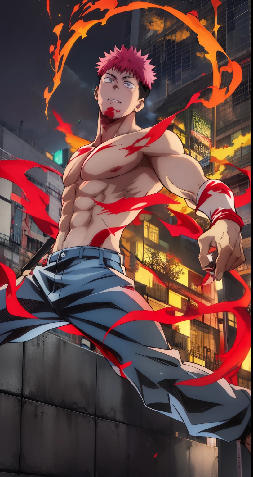 itadori_yuuji ,Personaje de anime con cabello rojo y pantalones negros pateando un fuego, Badass Anime 8K, striking manga artstyle, Estilo baki, an epic anime of an energy man, Fuego!! cuerpo completo, epic anime style, Ilustraciones de fondo, Estilo anime hiper detallado, Trigger anime artstyle, enojo. hiper detallado, destellos de energia rojo, energia roja alrededor, obra maestra , cabello rosa detallado, iluminacion epica nocturna, explocion, ciudad en llamas ,