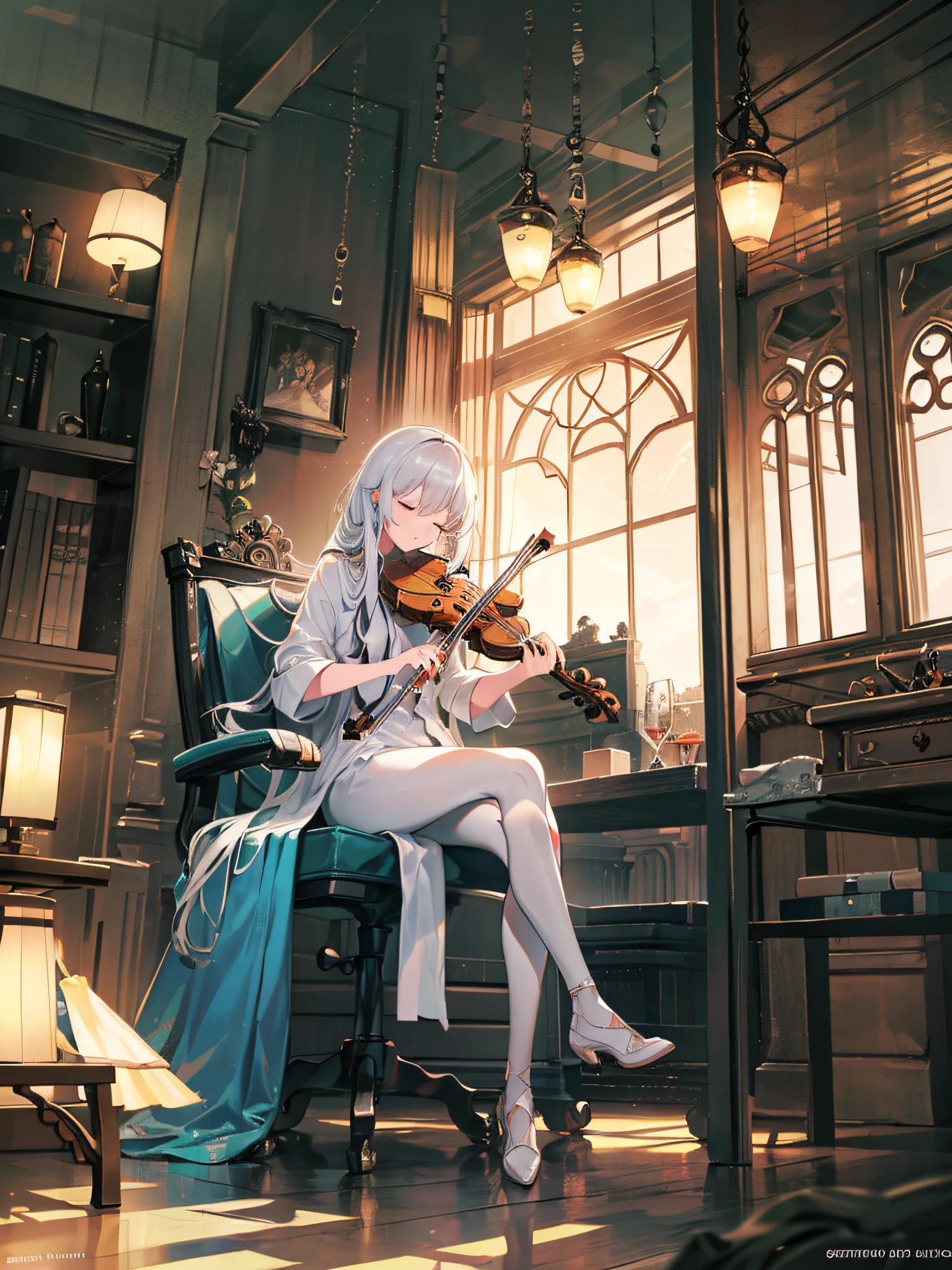 A boy sitting with legs crossed (((playing the violin))), eyes closed, enjoying the music, harmony, white hair, long sideburns, refined face, yellow lights with different heights, {extremely detailed 16k CG unit wallpaper }, expansive landscape photography, (a low view with focus on the character), (wide open field view), (low angle shot), (high light: 1.8), (low light: 1.4), (source warm light: 1.8), complex details, (iridescent colors: 1.6), (bright lighting), (atmospheric lighting), dreamy, unique