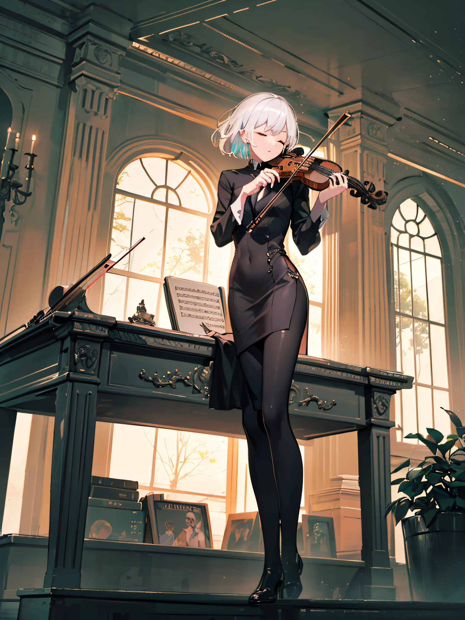 A boy sitting with legs crossed (((playing the violin))), eyes closed, enjoying the music, harmony, white hair, long sideburns, refined face, yellow lights with different heights, {extremely detailed 16k CG unit wallpaper }, expansive landscape photography, (a low view with focus on the character), (wide open field view), (low angle shot), (high light: 1.8), (low light: 1.4), (source warm light: 1.8), complex details, (iridescent colors: 1.6), (bright lighting), (atmospheric lighting), dreamy, unique