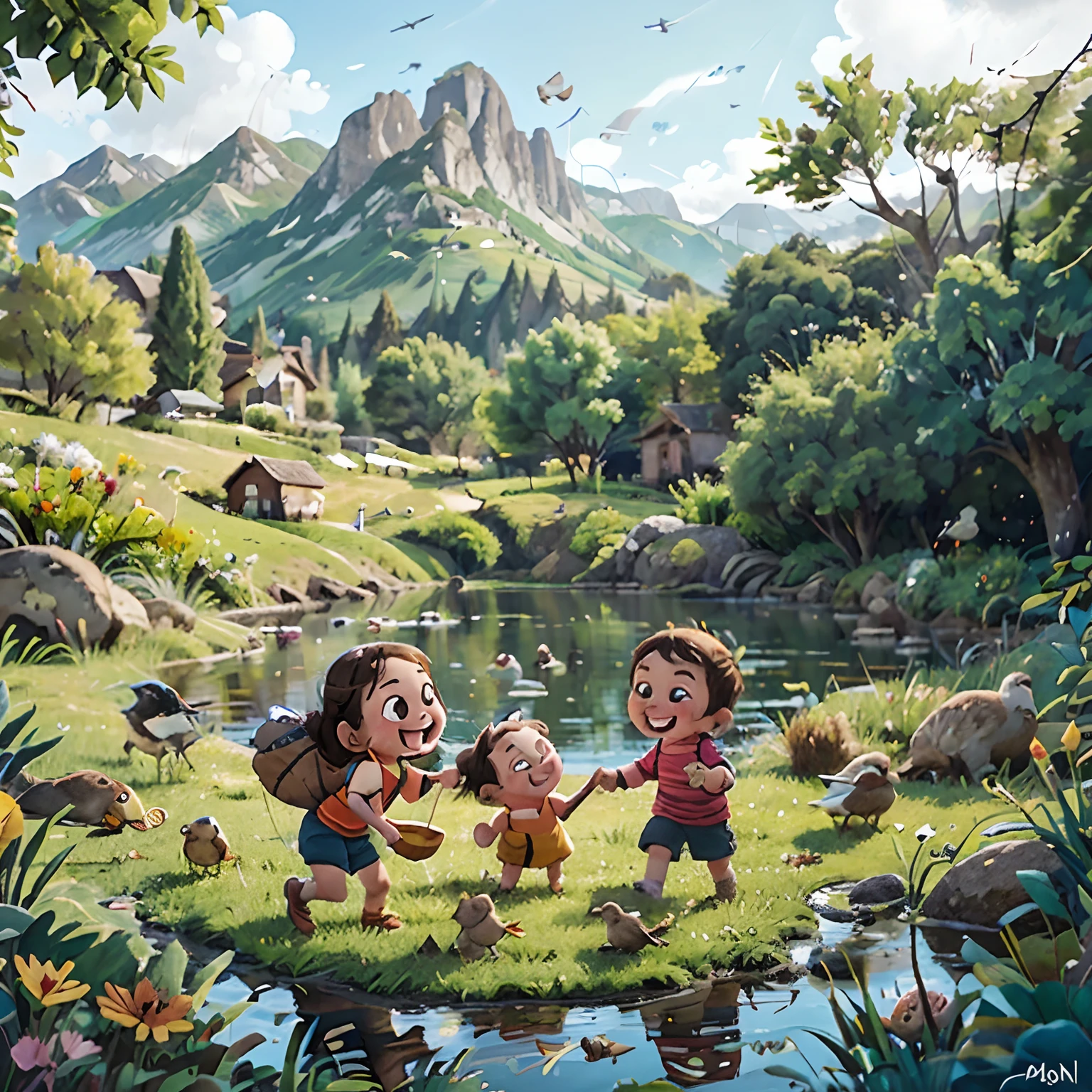 Country side, childrens, birds. rivers, mountain,  illustration, happy playing