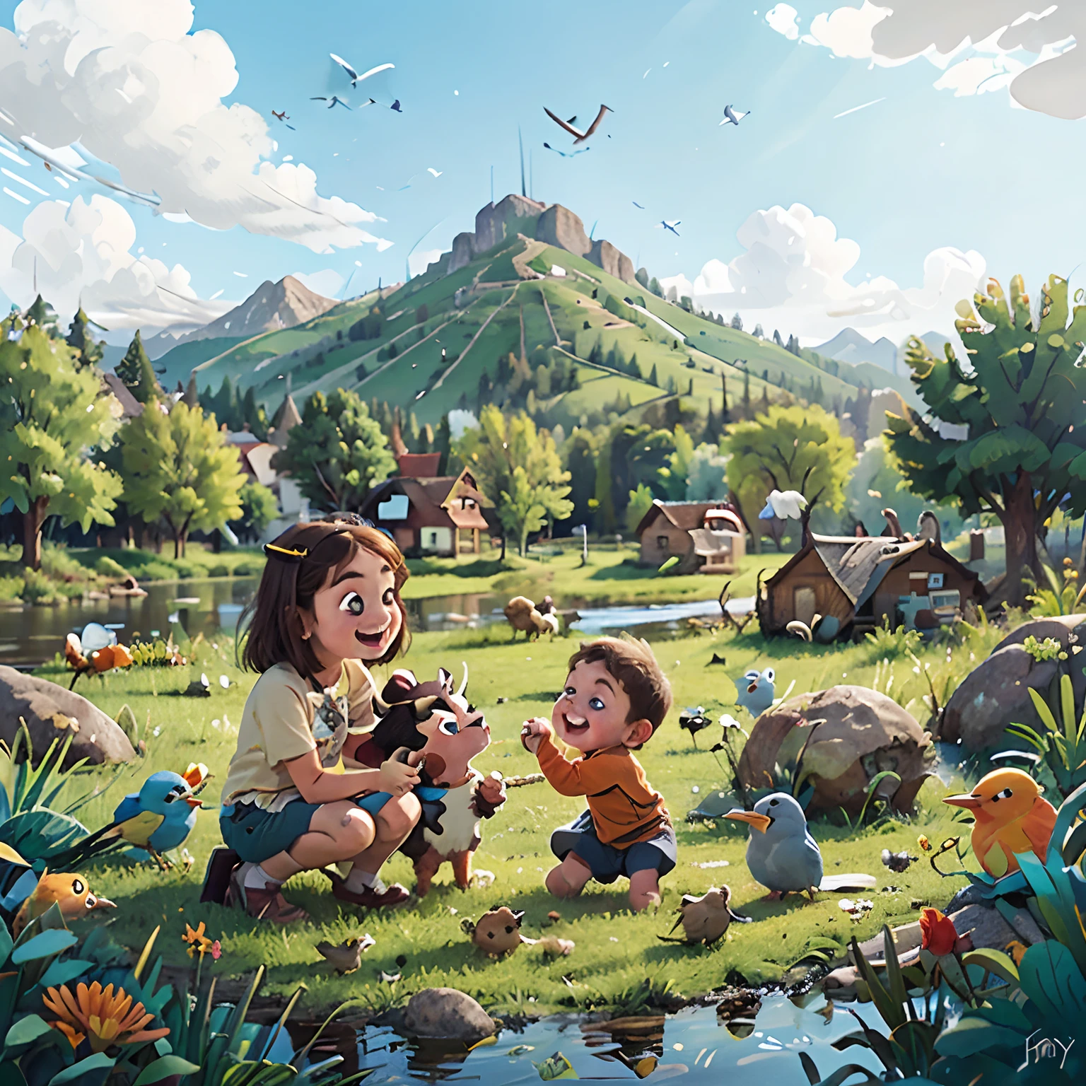 Country side, childrens, birds. rivers, mountain,  illustration, happy playing