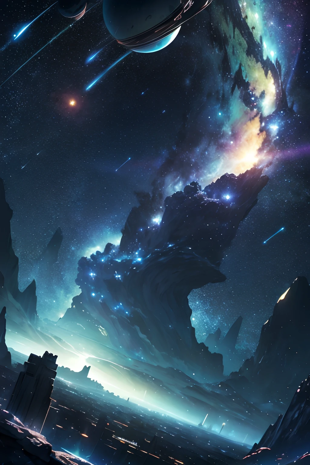 masterpiece、Background with((Fantastic starry sky、kosmos、Meteor swarm、black hole、Irridescent color))depth((A planet that emits green light))、Seen from below
