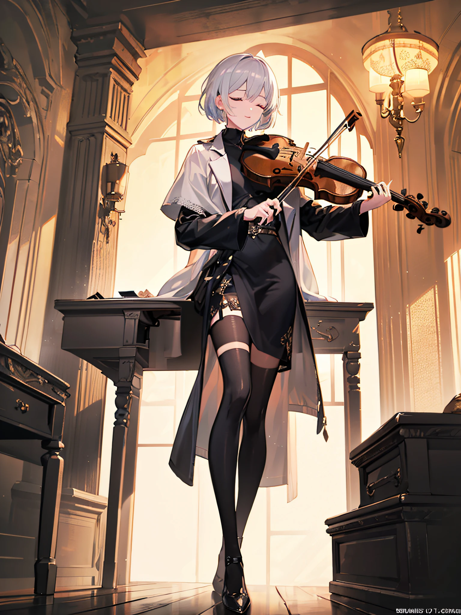 A boy sitting with legs crossed (((playing the violin))), eyes closed, enjoying the music, harmony, white hair, long sideburns, refined face, yellow lights with different heights, {extremely detailed 16k CG unit wallpaper }, expansive landscape photography, (a low view with focus on the character), (wide open field view), (low angle shot), (high light: 1.8), (low light: 1.4), (source warm light: 1.8), complex details, (iridescent colors: 1.6), (bright lighting), (atmospheric lighting), dreamy, unique