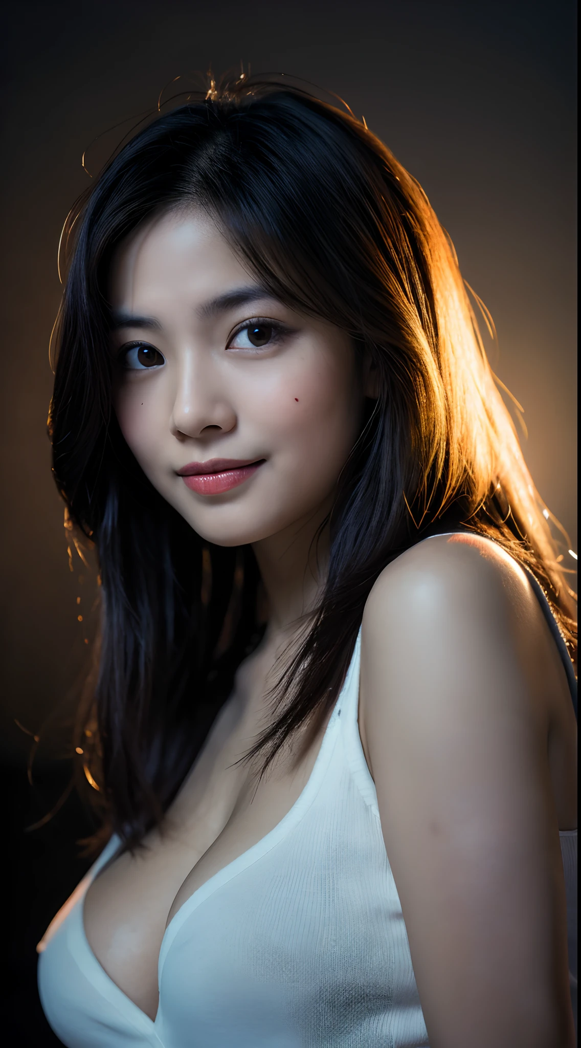 highest quality, epic realistic, ((in the pitch black darkness :1.4)), ((portrait:1.5)),(background: dark ) high contrast ,glorious picture, lowest lux, lighting face, she's comfortable, wearing nothing, , looks incredible, (8k, Raw photo, Highest quality),(epic realistic:1.5), a woman, face,(detailed eyes:0.8),(looking at the camera:1.4), (Highest quality), ( high contrast, deep shadows),Intricate details,cinematic,((skin:1.4)), (long dark hair:1.3), long hair, messy ,(Hdr:1.5),Detailed, colors, Superior quality, Masterpiece, Raw Photo (20-year-old, looking at viewer), beautiful, (wearing plain yellow shirt,), perfect, natural, perfect composition, portrait, perfect face, smiling expression, Captivating eyes, Bright details, Tight lips, (High Skin Detail),, (blue tint: 0.6), (sale: 0.8), (bloody: 0.7), Key lighting , (backlight: 0.5), Medium depth of field, Canon 5d, 50mm lens, f/4 apertures, (Ultra-detailed, Complex detail), sharp focus, soft colors, 8k, Absurd, 80mm, bokeh background, photography, smiling, pinay, filipina, large boobs, neon lights background