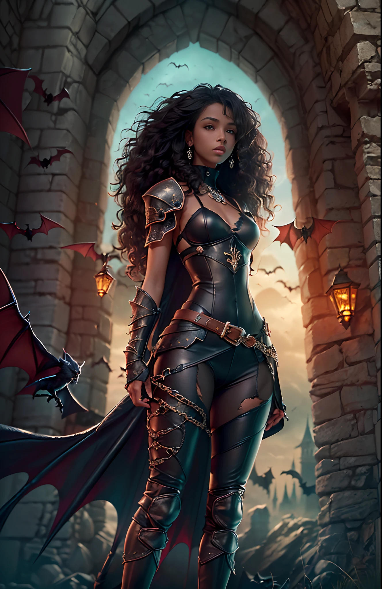 ((15-year-old))) black girl, (((light skin))), magical aura surrounding her, ((( mysterious dark castle looming behind her))), (((bats flying around)))dusk, (((thigh gap))), (((close-up full body pose))), long black tight curly hair, high heel boots, (((wearing torn leather armor))), (((Dungeons and Dragons style art))), fantasy art, Rich, Deep Colours, (intricate details:0.9), (HDR, hyper-detailing:1.2), (natural skin textures, hyper realisitc, soft light, Sharp),