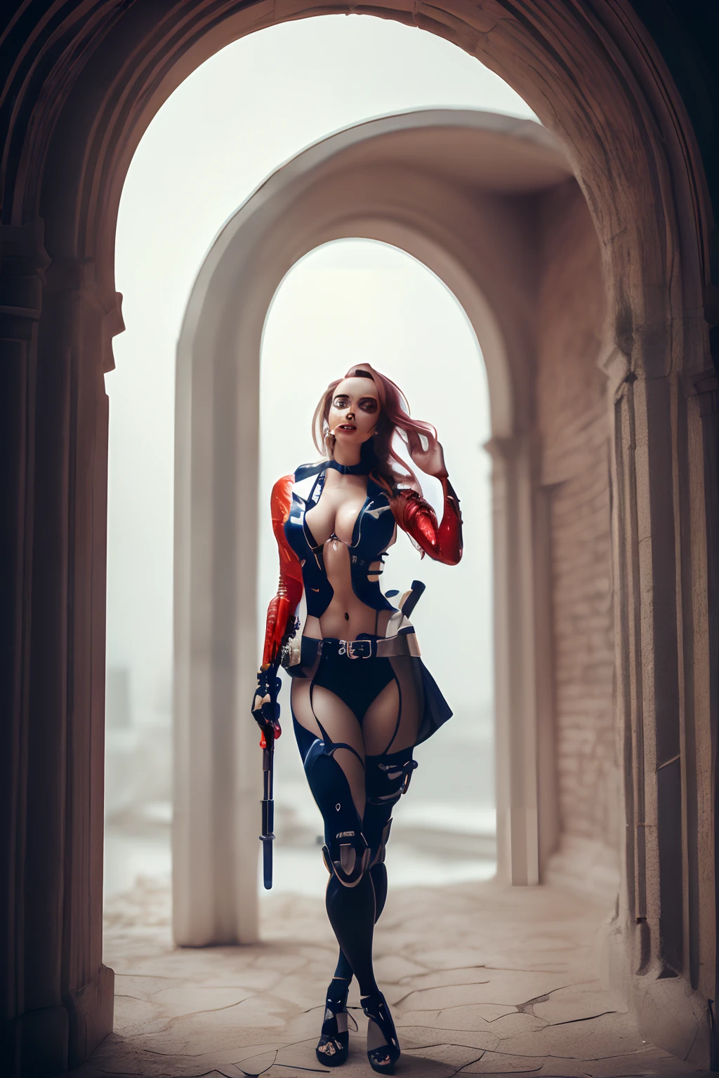 full body potrait of a photorealistic beautiful woman, (hands holding weapons cyborg 1.25, staring at camera in front, intense coloration fantasy, light hair, a stunning realistic photograph 20 years , random colored hair, (cyperpunk theme:1.3), random color eyes, full body, cover, hyperdetailed painting, luminism, octane render, Bar lighting, complex, 8k resolution concept art portrait by Martina Fačková and Prywinko Art, Artgerm, WLOP, Alphonse Mucha, Tony Taka, fractal isometrics details bioluminescence, hyperbright, photoshoot, gritty, realistic, davinci, erte .12k, intricate. hit definition , cinematic,Rough sketch, mix of bold dark lines and loose lines, bold lines, real life human , outer galaxy scenery.posing in-between an archway