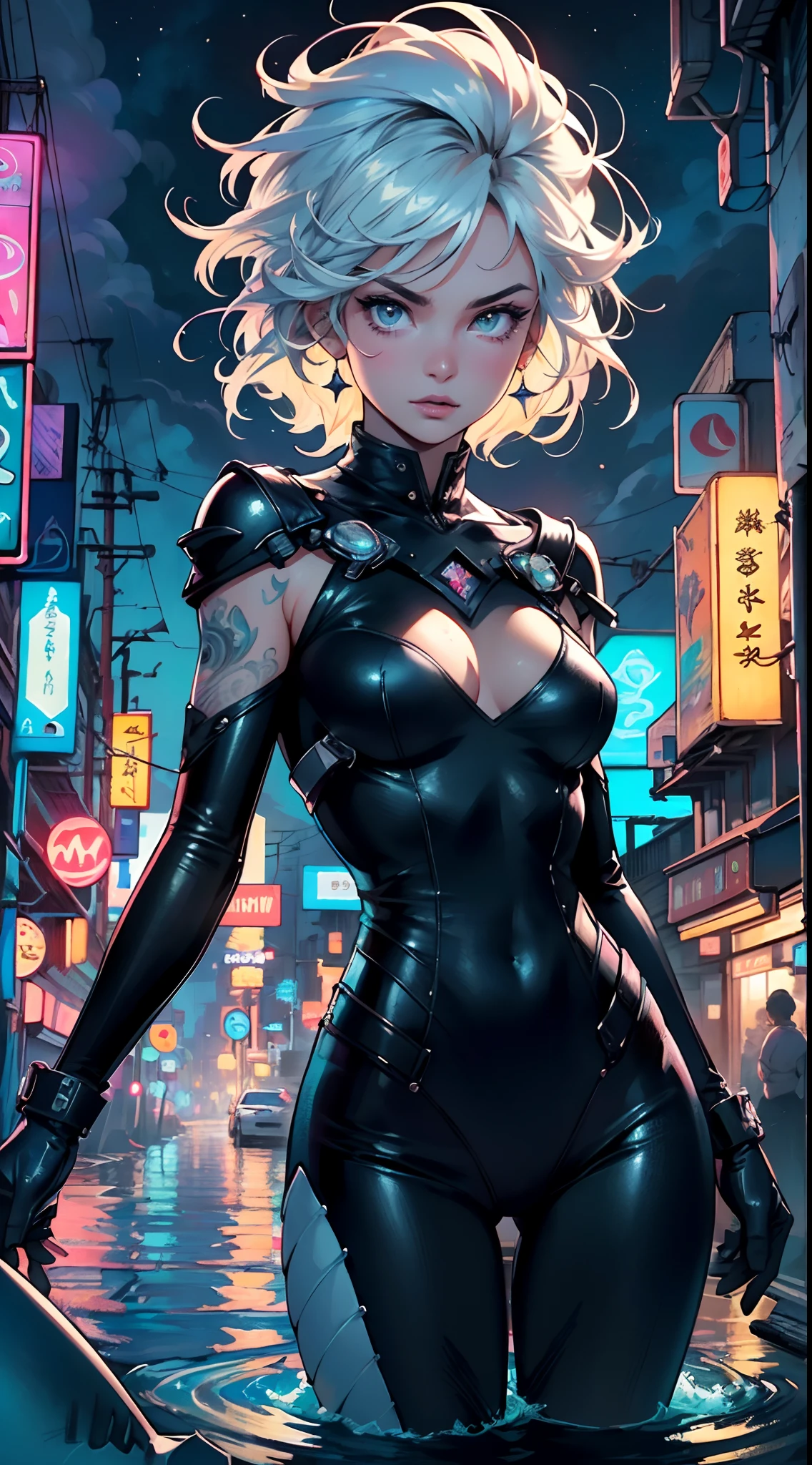a digital painting of supergirl merging with venom, long hair, cyberpunk art by Josan Gonzalez, winner of the behance contest, afrofuturism, synthwave, neon, shiny neon, thick thighs, thin waist, sensual, nsfw, little clothing, erotic art, anime, torn battle clothes, extremely sexualized, sweaty body, NSFW, big breasts, big ass, HD, 8k, High quality, details, perfect body, Highlight the body, detail on the perfect face, detail on the backdrop, blood on the body