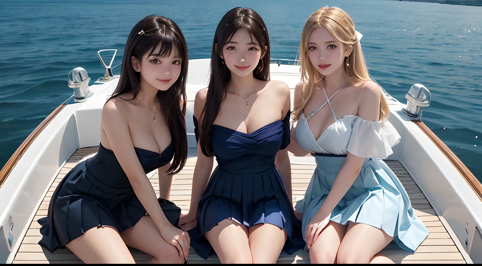 (three 18 year old female students from 3 countries: America, Japan, Italy), bright smiles, beautiful mouths, (bare shoulders), big breasts, blue eyes, pleated skirt, blonde hair, black hair, long brown hair, bangs, sitting on the bow of a luxury yacht at sea, clear blue sea (Best quality, Super detailed), (Heavenly starlight), (Wrapped in light), (Beautiful and mysterious),