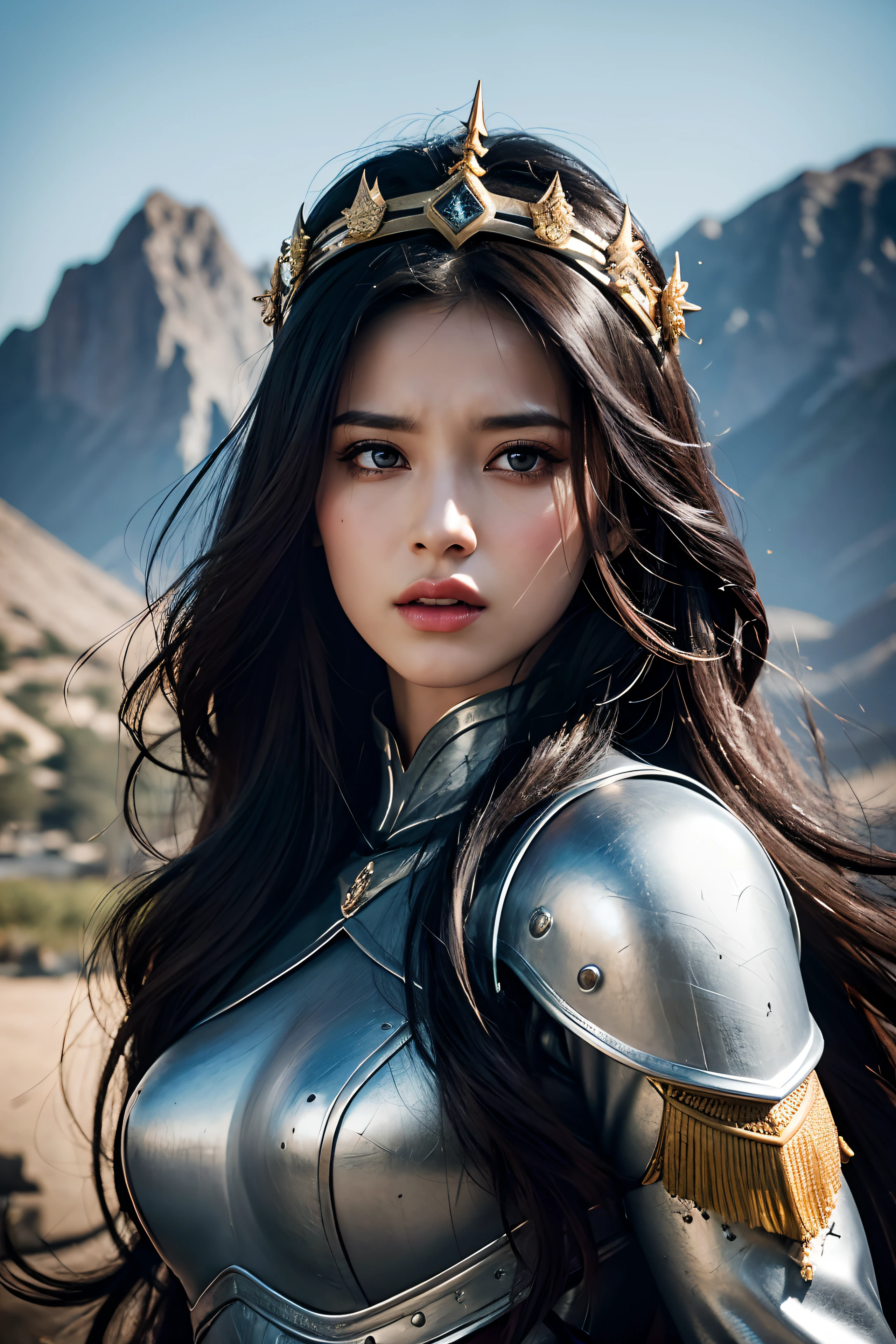 model shoot, (1 woman 30 years old), Islamic warrior, hyper realistic, super detailed, Dynamic shot, masterpiece, scene sharp détails, perfect eyes, perfect hands, fierce leader, battle field, headpiece, wavy messy medium length hair, angry, looking at viewer, mountain
