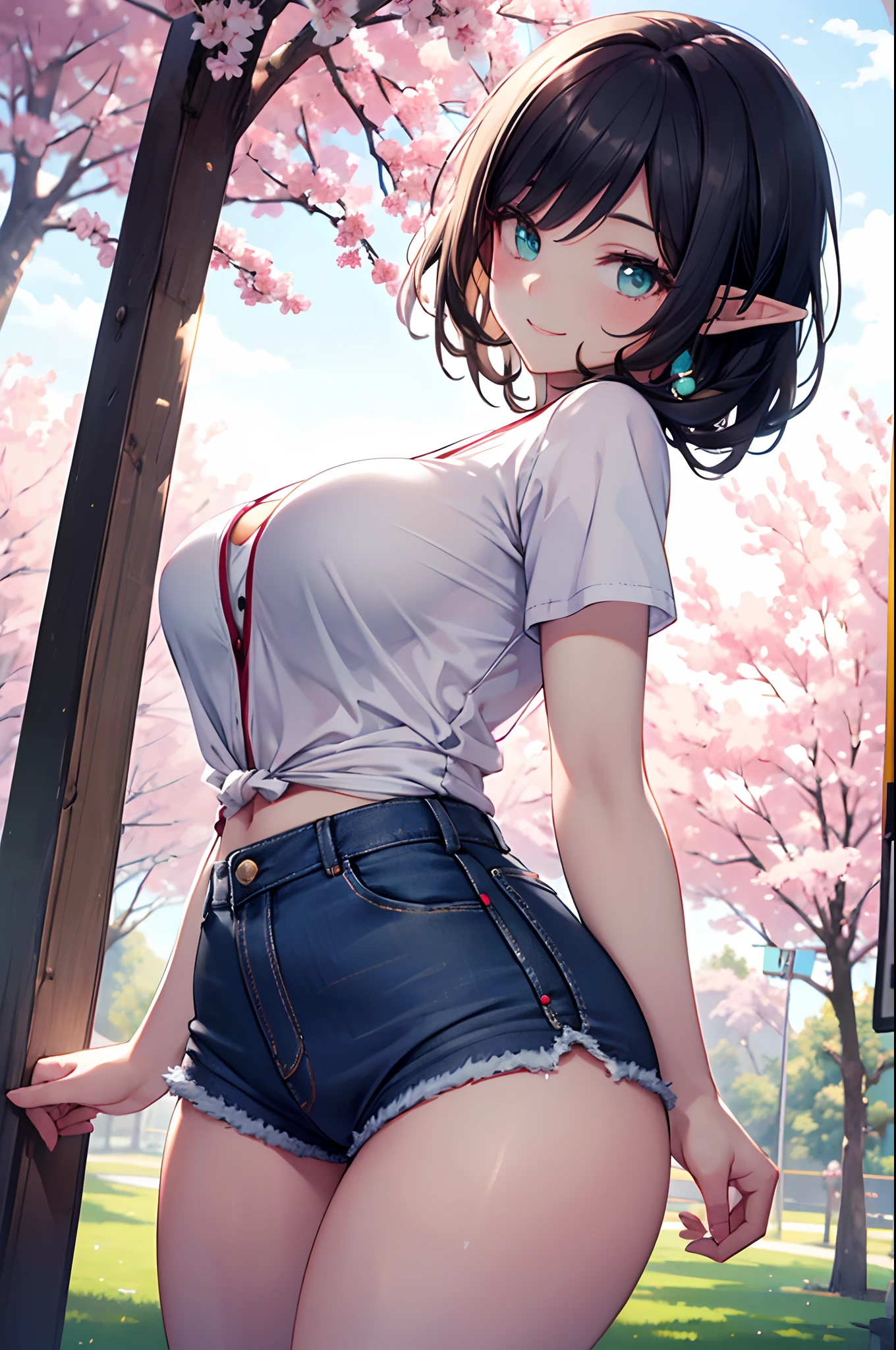 Realistic and detailed image of an elf. Dressed in a Cardigan coat and baggy t-shirt. Denim mini shorts. Long, silky black hair and long eyelashes. Turquoise eyes. Large breasts, slim waist, very wide hips and thick thighs. Smiling. Arched back. Posing sensually. Park with sakura trees. Volumetric light. Ambient light.