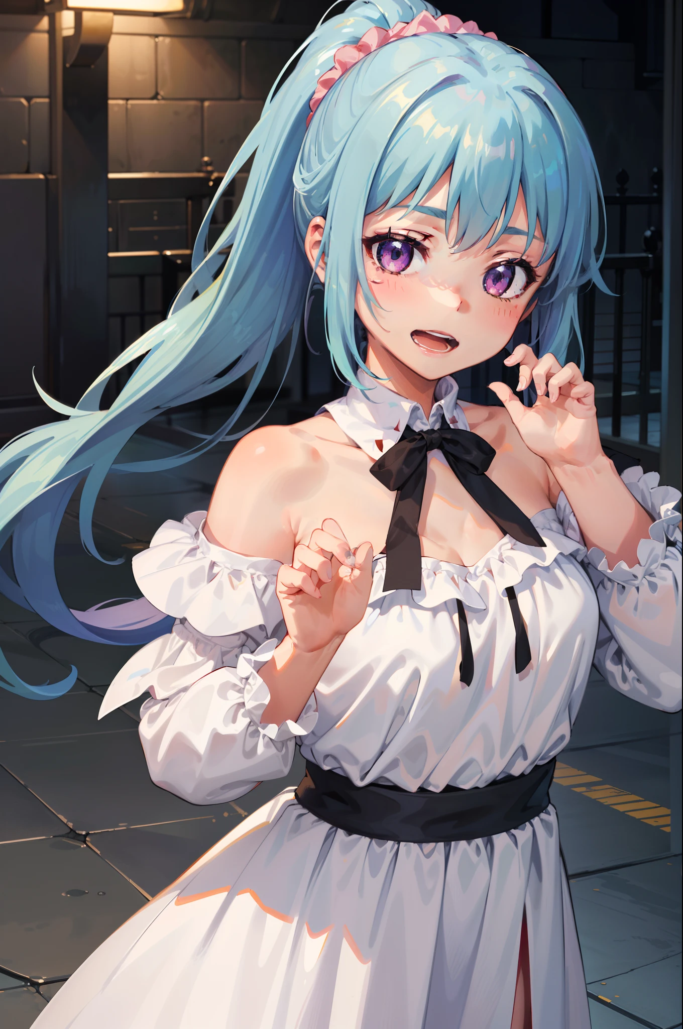 ((masterpiece)), (best quality), official art, extremely detailed CG, unity 8k wallpaper, ultra detailed, highly detailed, detailed background, vivid color, 
1girl, saki kawasaki, ponytail, scrunchie, smile, happy, open mouth, 
Ruffled off-the-shoulder dress with a high-low hem, ((authority, yandere))