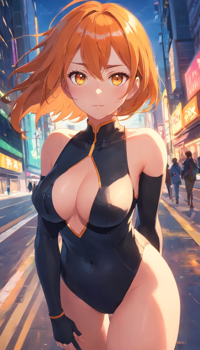 ​masterpiece、top-quality、1 female、Orange hair、huge tit、Big ass、black rubber suit、yellow  eyes、thick thighs、a short bob、wide hips、Thigh muscles、(Spark:0.7)