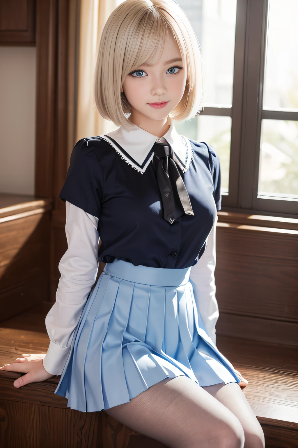 (8K、Raw photography、top-quality、masterpiece:1.2)、(realisitic、Photorealsitic:1.37)、ultra-detailliert、超A high resolution、女の子1人、(beautifull detailed face、Golden Ratio Face、well-balanced eyes、二重まぶた,lipgloss)、Beautiful detailed skin、Skin Texture、Professional Lighting、(Very beautiful girl)、Happy smile、View photographer、Glowing white shiny skin、(Attractive bright natural platinum blonde silky bob hair)、eye liner、Lush bust,School Uniforms、((Check Pleated Skirt、Black pantyhose))、Loafer shoes、(((Blue eyes)))、Bold poses