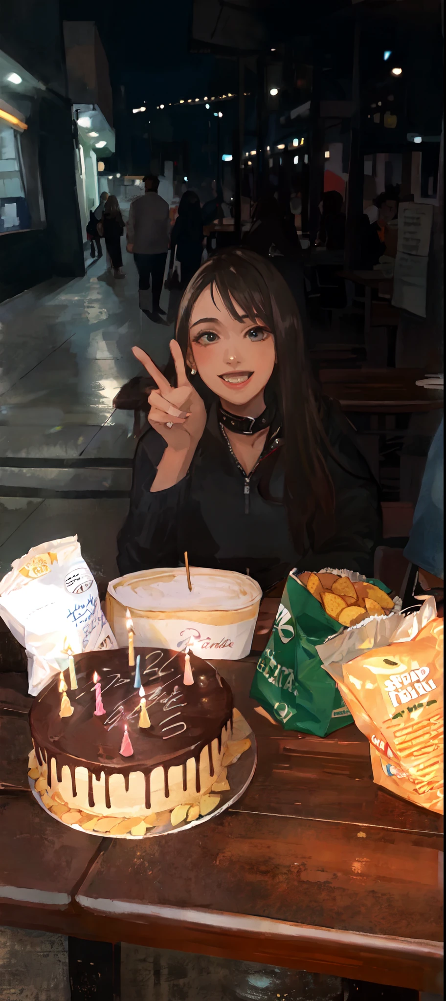 there is a woman sitting at a table with a cake and a bag of chips, 21 years old, 2 2 years old, 2 3 years old, celebrating a birthday, 2 4 years old, happy birthday, 18 years old, 1 6 years old, 3 0 years old woman, 30 years old woman, 30-year-old woman from cuba