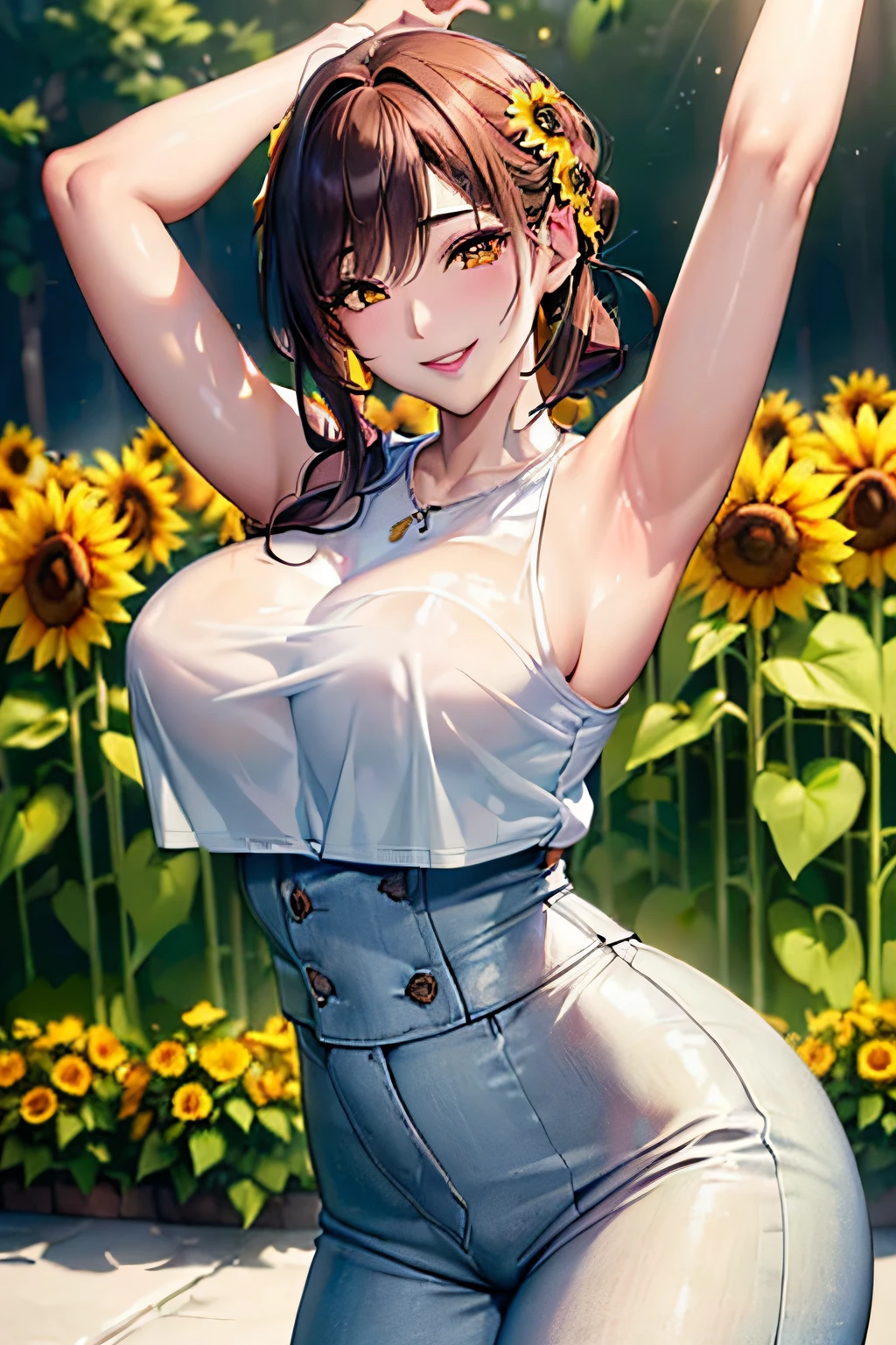 a park,(Yellow sunflower flowers on background,A red rose,Confusion of white roses:1.3),Sophisticated clothing,Silk blouse and wide-leg pants,(Floral hair ornament,Floral braided top knot,Twisted Side Part Ponytail,Floral braided headband,half up、Floral Braided Space Van,Voluminous Fishtail Braids,Twisted chignon),(Bangs are see-through bangs),(((emphasizing breasts:1.3))),(Dynamic angles),(Dynamic and sexy poses),(bending forward:1.3),(((Dignified statue))),Disturbance of clothing due to movement,breast slip,hair pin,a necklace,piercings,Beautuful Women,.Perfect face,(A cheerful smile that makes the viewer happy:1.7),(Stretch out your arms and hug:1.7),large full breasts,,Intricate details,Very delicate and beautiful hair,photographrealistic,Dreamy,realistic shadow,Solo Focus,Beautiful hands,Beautiful fingers,Detailed finger features,detailed clothes features,Detailed hair features,detailed facial features,、(Professional Lighting),(Photorealsitic:1.3),(Raw photo.),(masutepiece,top-quality,Ultra-high resolution output image,) ,(The 8k quality,),(Image Mode Ultra HD,)