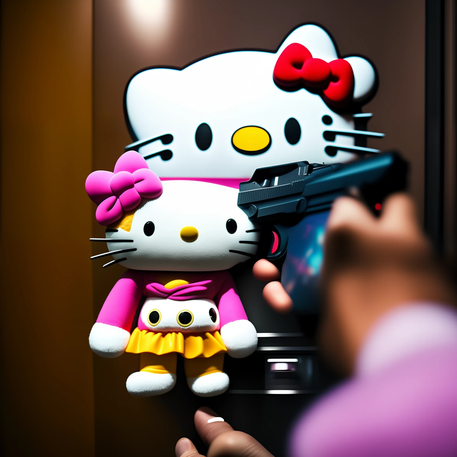 Hello kitty holding a person at gun point, hello kitty is using a pink gun, from a fish eye view, setting is in a hotel elevator,