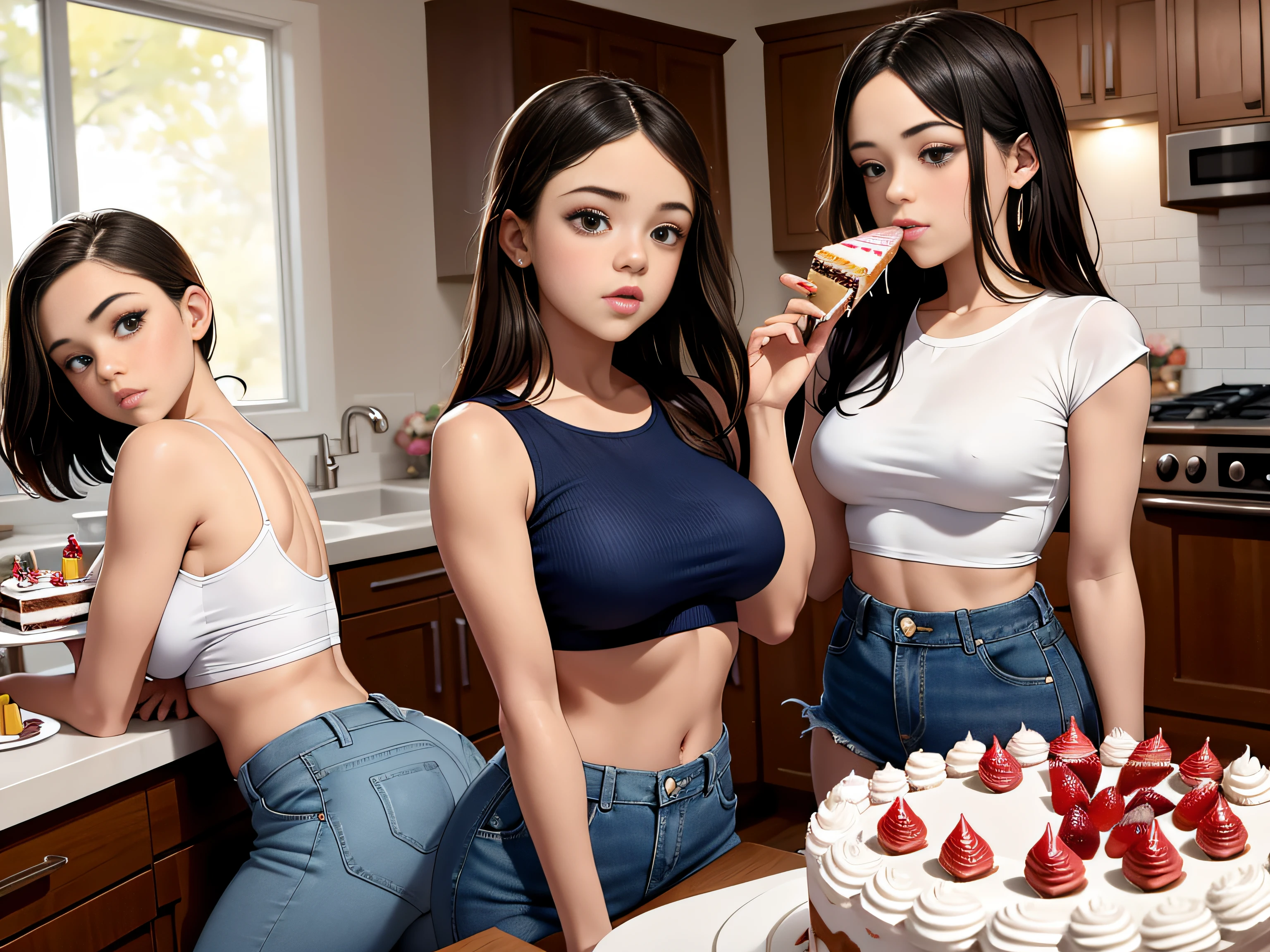 Jenna Ortega, masterpiece quality, studio lighting, lots of detail, identical twins, sisters, two girls, (two girls:1.5), at home, in kitchen, kitchen full of cakes and sweets, lots of cakes on table, eating cake, (eating cake:1.5), feeding each other cake, cakes in background, wearing blue jeans, wearing white crop top, thin body, medium breasts, (medium breasts:1.2),