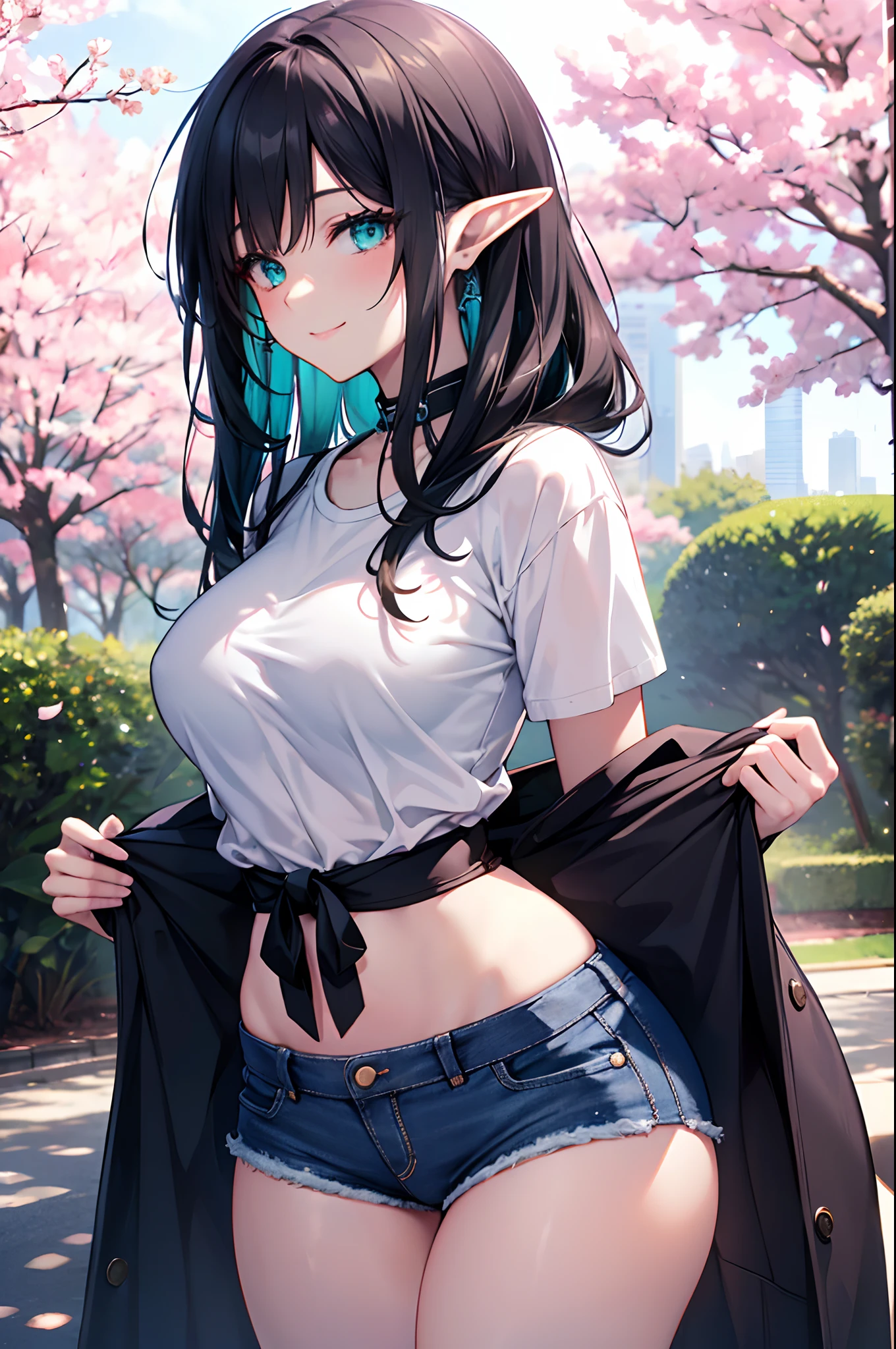 Realistic and detailed image of an elf. Dressed in a Cardigan coat and baggy t-shirt. Denim mini shorts. Long, silky black hair and long eyelashes. Turquoise eyes. Large breasts, slim waist, very wide hips and thick thighs. Smiling. Arched back. Posing sensually. Park with sakura trees. Volumetric light. Ambient light.