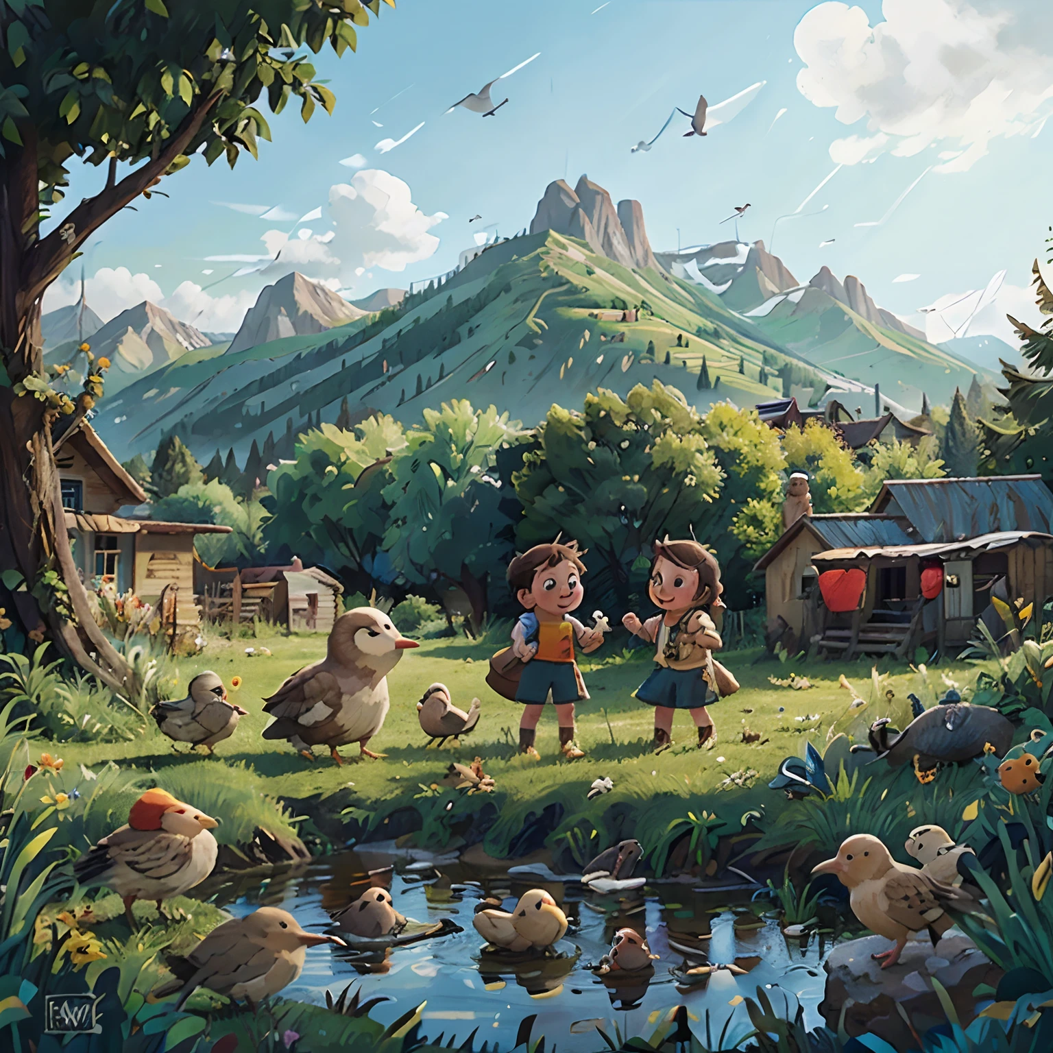 Country side, childrens, birds. rivers, mountain, illustration, playing