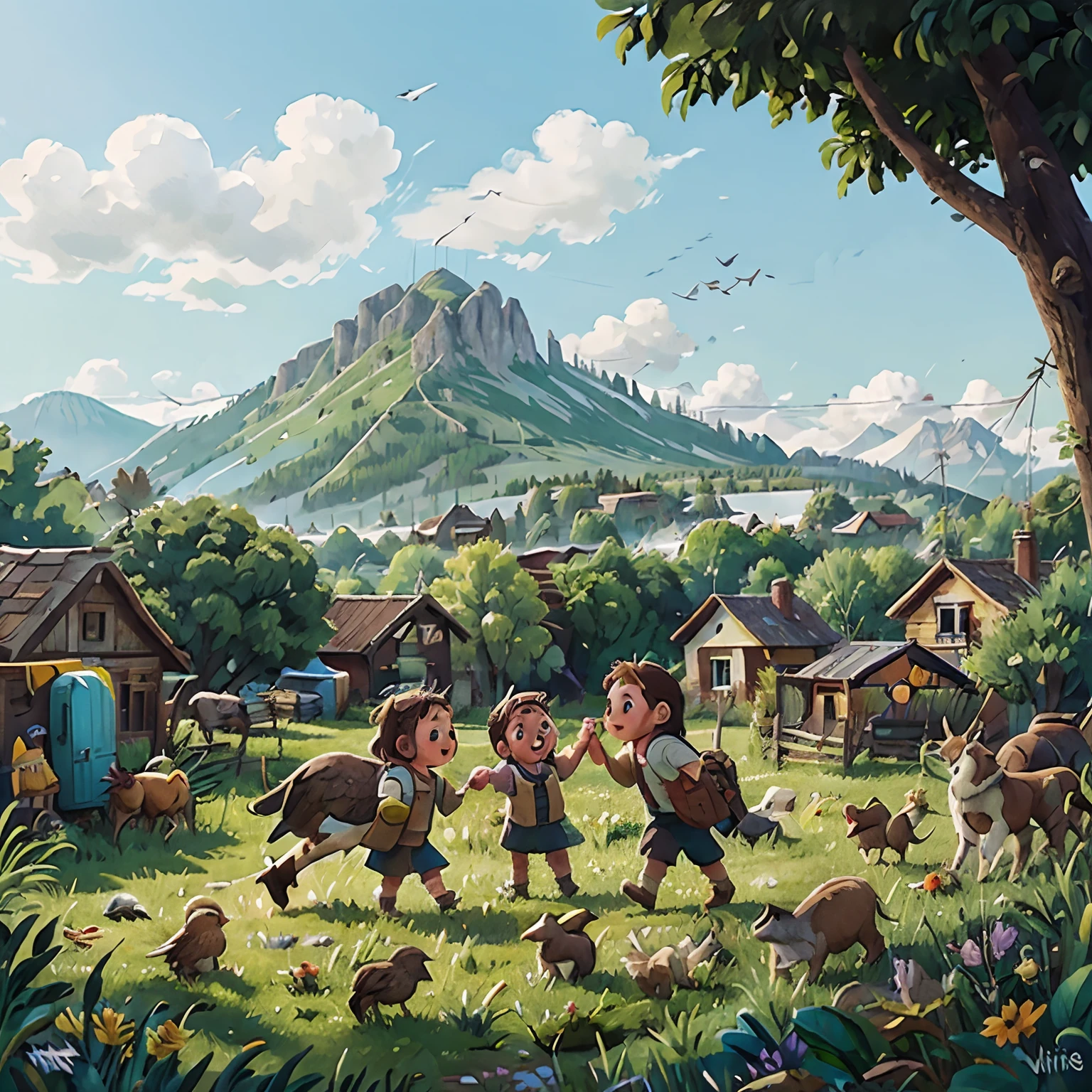 Country side, childrens, birds. rivers, mountain, illustration, playing