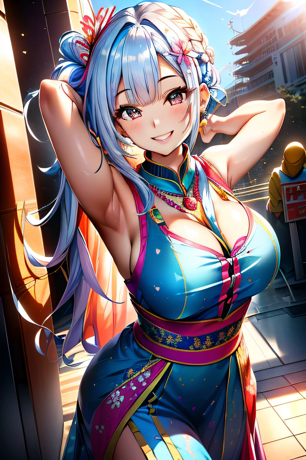 Romantic lace dresses,(Floral hair ornament,Braided top knot,Twisted Side Part Ponytail Braided Headband,half up、Braided Space Van,Voluminous Fishtail Braids,Twisted chignon),(Bangs are see-through bangs),(((emphasizing breasts:1.3))),(Dynamic angles),(Dynamic and sexy poses),(bending forward:1.3),(((Dignified statue))),Disturbance of clothing due to movement,breast slip,hair pin,a necklace,piercings,Beautuful Women,.Perfect face,(A cheerful smile that makes the viewer happy:1.7),(Arms stretched forward、Ask for a hug:1.7),large full breasts,,Intricate details,Very delicate and beautiful hair,photographrealistic,Dreamy,realistic shadow,Solo Focus,Beautiful hands,Beautiful fingers,Detailed finger features,detailed clothes features,Detailed hair features,detailed facial features,、(Professional Lighting),(Photorealsitic:1.3),(Raw photo.),(masutepiece,top-quality,Ultra-high resolution output image,) ,(The 8k quality,),(Image Mode Ultra HD,)