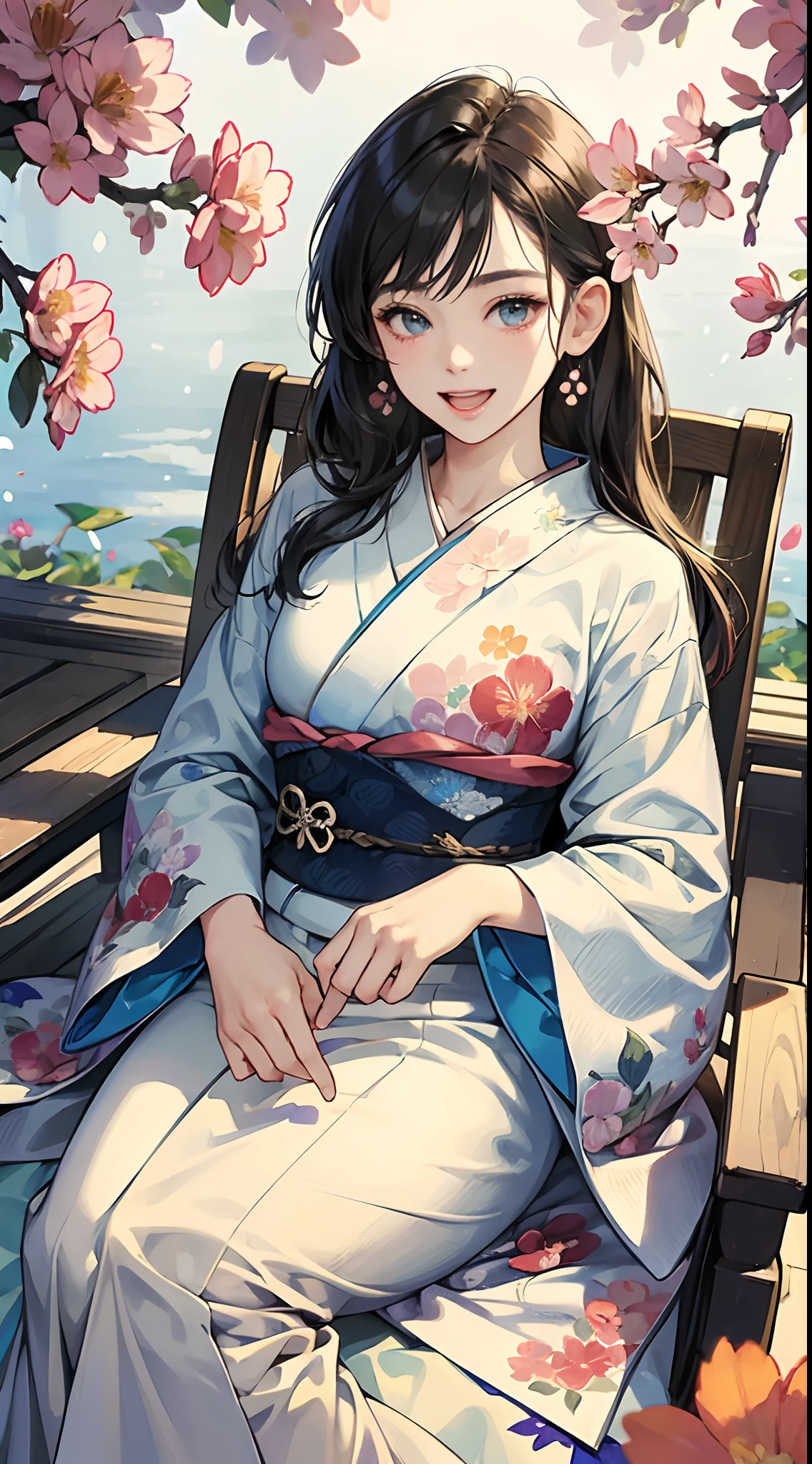 ((top-quality))、 ((masterpiece))、Matchmaking Photos、florals、Kimono、Stand in front of the photo 、Eye Up、Opens mouth and laughs、Flowers in the foreground、Strong bokeh、bustup、sit a chair、bio luminescent、radiant light