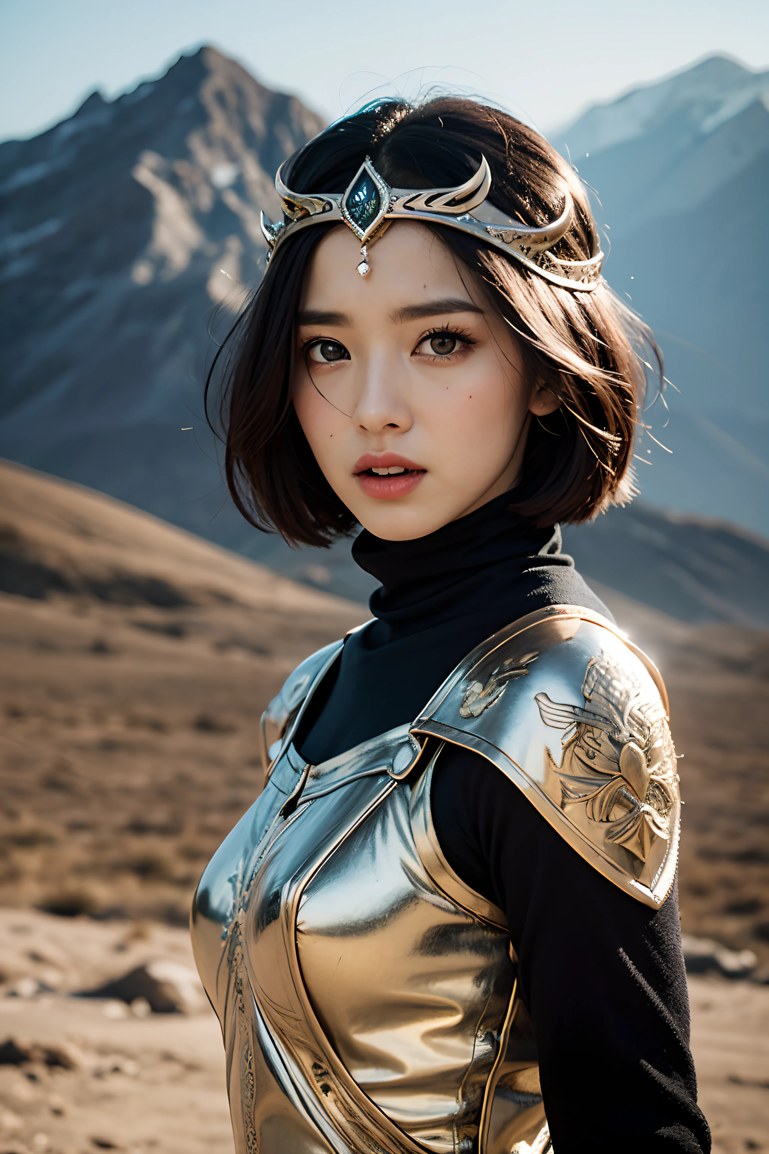 model shoot, (1 girl), Islamic warrior, hyper realistic, super detailed, Dynamic shot, masterpiece, scene sharp details, perfect eyes, perfect skin, perfect hands, fierce looking, mountains, battle field