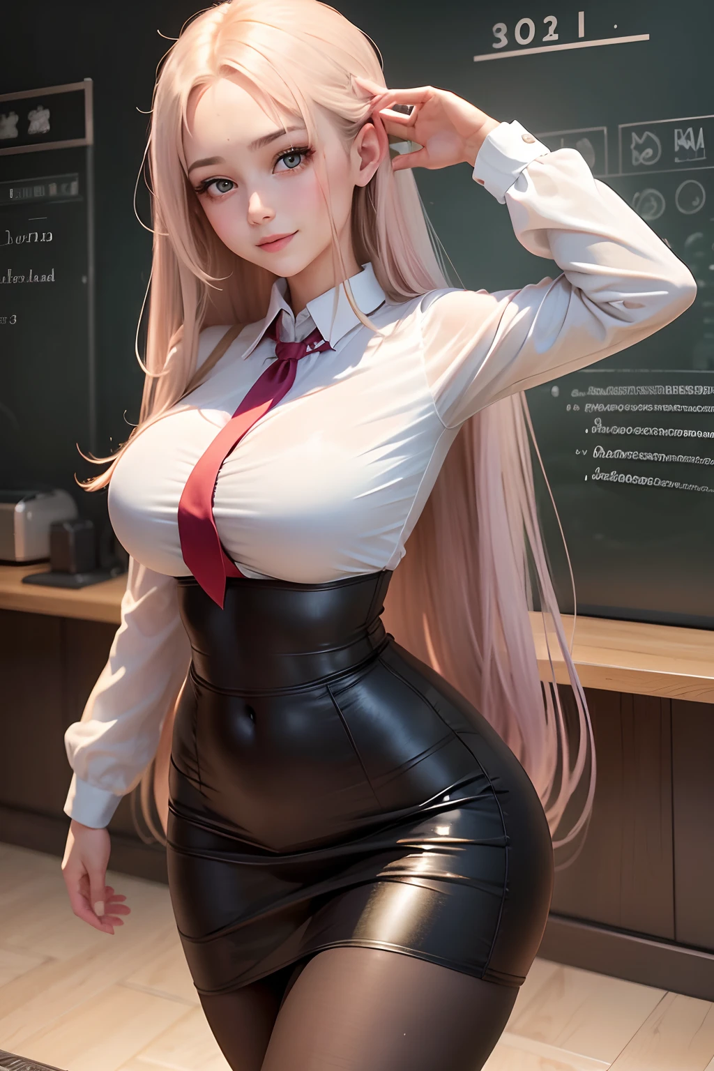 girl is 30 years old, Eyes aligned, smiling, very long straight hair, She will be wearing a tight skirt, She will be wearing a blouse, thin waist, huge breasts, She will be with her back to the viewer, She will be on the school bus,