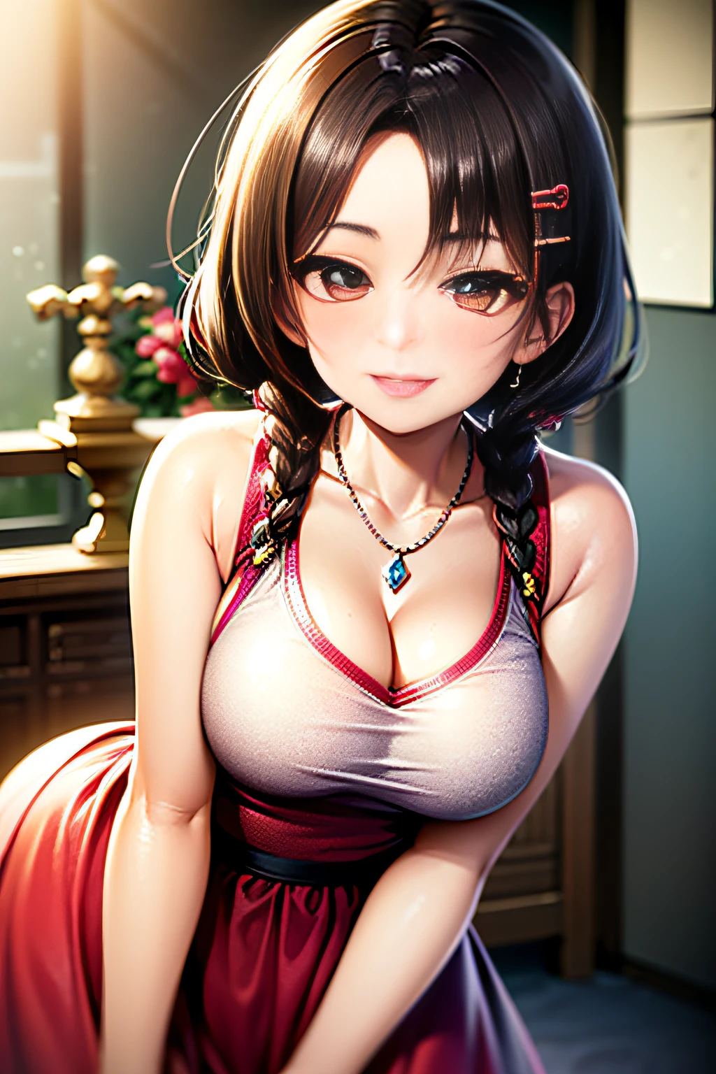 sologirl,Casual Summer Dresses,(Floral hair ornament,Braided top knot,Twisted Side Part Ponytail Braided Headband,half up、Braided Space Van,Voluminous Fishtail Braids,Twisted chignon),(Bangs are see-through bangs),(((emphasizing breasts:1.3))),(Dynamic angles),(Dynamic and sexy poses),(bending forward:1.3),(((Dignified statue))),Disturbance of clothing due to movement,breast slip,hair pin,a necklace,piercings,Beautuful Women,.Perfect face,with round face,(A smile that makes the viewer happy:1.7),large full breasts,,Intricate details,Very delicate and beautiful hair,photographrealistic,Dreamy,realistic shadow,Solo Focus,Beautiful hands,Beautiful fingers,Detailed finger features,detailed clothes features,Detailed hair features,detailed facial features,、(Professional Lighting),(Photorealsitic:1.3),(Raw photo.),(masutepiece,top-quality,Ultra-high resolution output image,) ,(The 8k quality,),(Image Mode Ultra HD,)