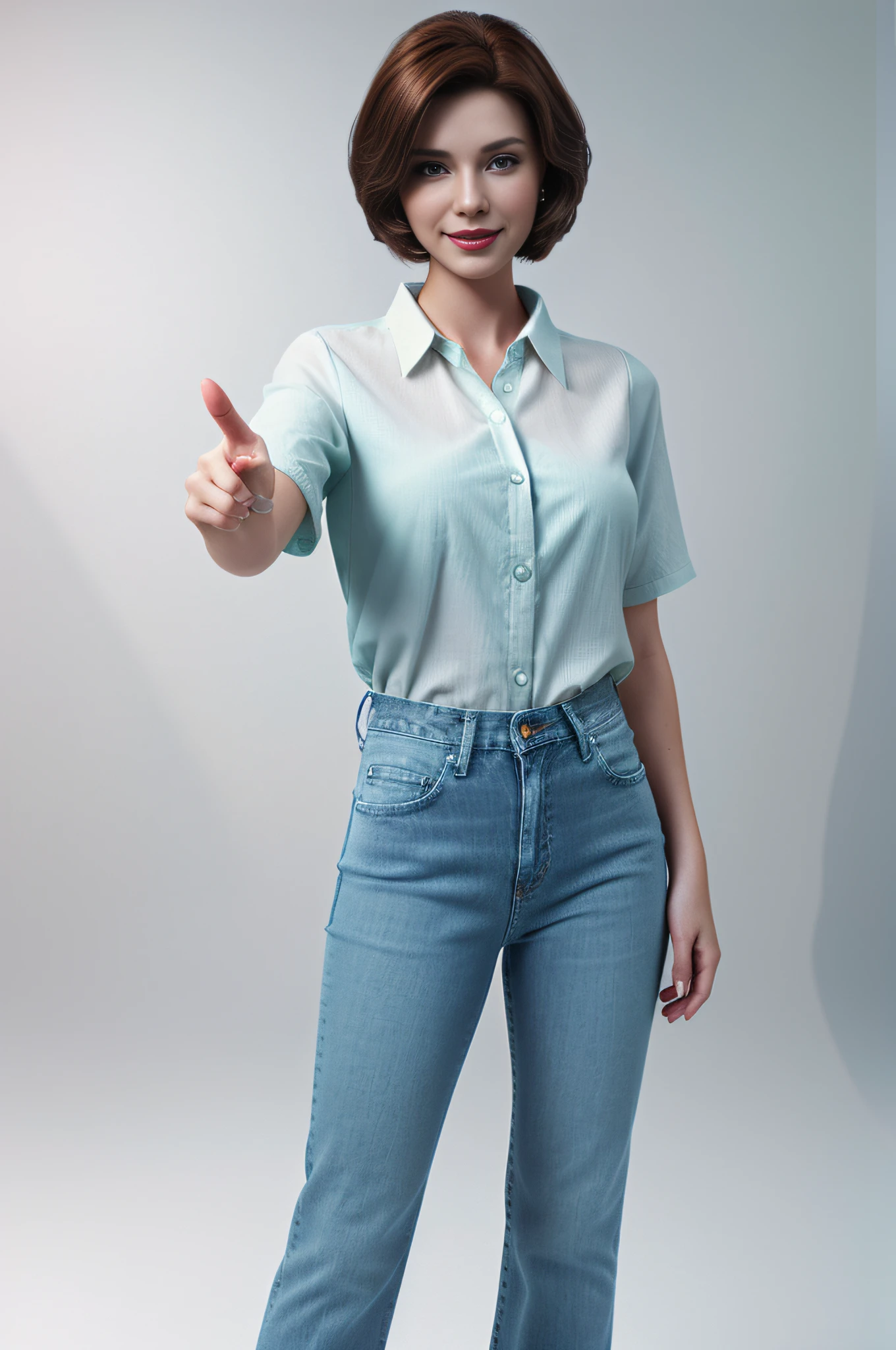 woman character with medium brown hair, pointing her hand to the left side, happy expressions, 100% white background, 3D model, light and shadow, with black high heels, with dark green blouse, blue jeans.