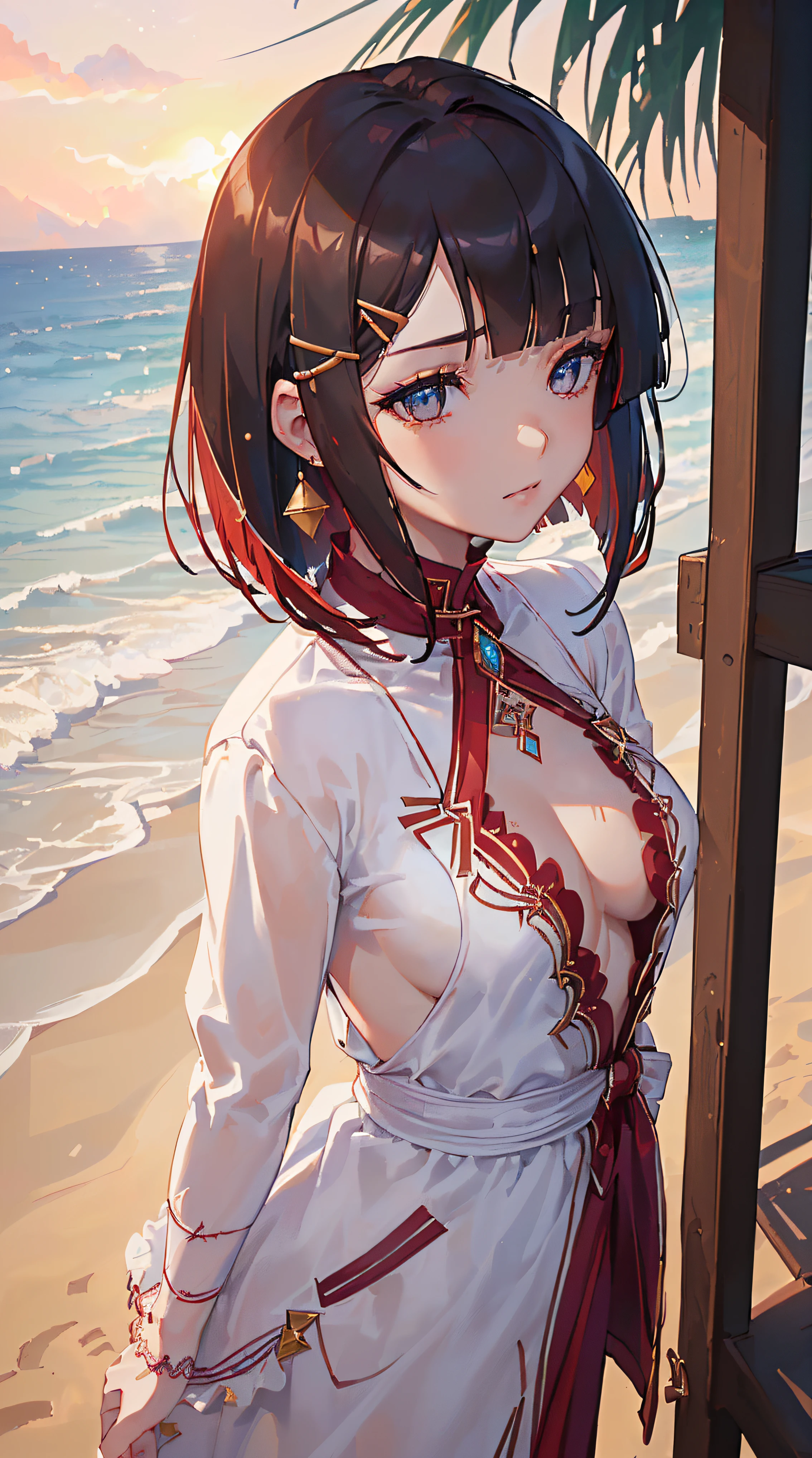 ((((summer theme,meticulous portrayal of face，1 noblewoman，a matural female)))),(dark night background+,perfect background)，Prom，Court etiquette，  s the perfect face， Perfect lips， perfect  eyes,)(((coast style,red hair,large white labcoat,no bra,lace-trimmed legwear)))，((1lady,adorable korean mixed race of Saudi Arabia girl，rosto magro，Solo,simple makeup,smug,))(Masterpiece,Best quality, offcial art, Beautiful and aesthetic:1.2),((超高分辨率,Golden ratio,)) (16k),((((coast,beach,intense shadows,strong rim light,))))((melon face，from above，1JK)),(Physically-based rendering),Amazing,Sharp focus, (((highdetailskin,))),Intricately detailed clothing，red pupils,red hair,Hexagram pupils,intricate pupils,((((detailed hair|short hair|long bangs|blunt bangs)))),((Slender,))(masterpiece sidelighting),(The sheen),(beautiful hair,beautiful eyes,）[[Delicate fingers and hands:0.55]::0.85],(Detail fingers),(((Superior quality)))),((unbelievable Ridiculous,)),((extremely_Detailed_Eyes_and_face)),Movie girl,(Dynamic configuration: 1.2),Brilliant,Beautiful lady, (Photorealistic),( coconut trees,), mitts, triangle crystal earrings, ((hairclip)), Light particles, view to the sky,  petals, Side Rock,, two-sided fabric
