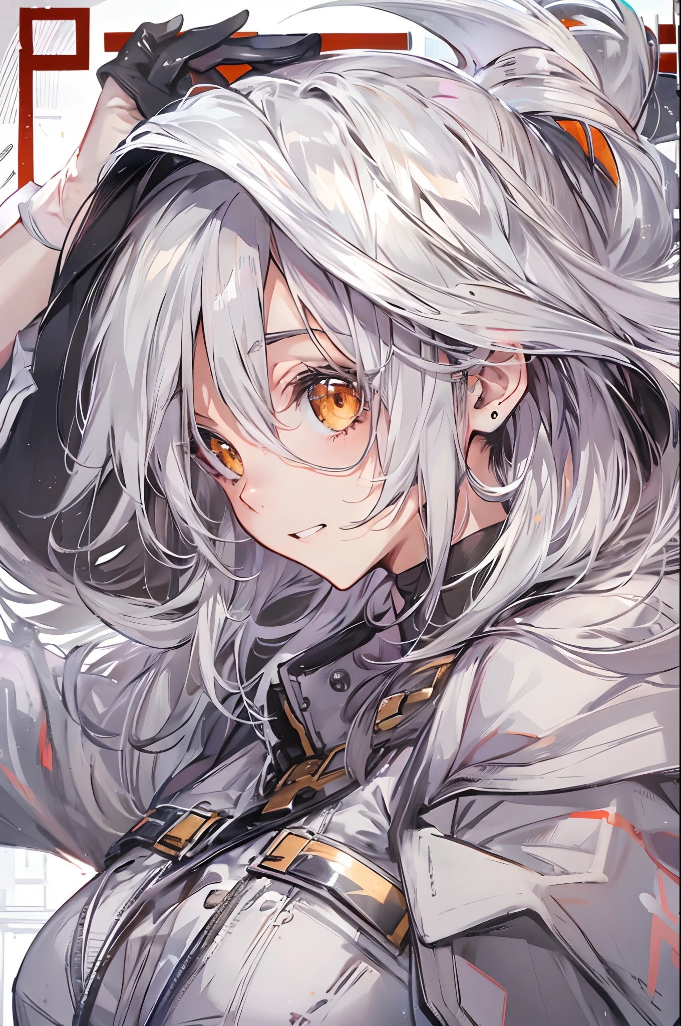 1girl, {solo}, upper body ,{{ {looking at viewer}}}, arm at side, concept art, white background, simple background, white hair, silver gradiient hair , complex cloth, asymmetrical clothes, virtual youtuber, best quality, masterpiece, dynamic angle, guilty gear, guilty gear, guilty gear, cowboy_shot, looking_back, grabbing, girl,woman,female, young,20 years old, very long hair, flipped hair, silver hair, flowing hair, ahoge, smirk, beautiful and delicate golden eyes, teeth, medium_breasts, blonde eyes, white skin, coat, hoodie, black_shorts, grey Clothes, transparent_background, backlighting, absurdres, highres, ultra detailed,