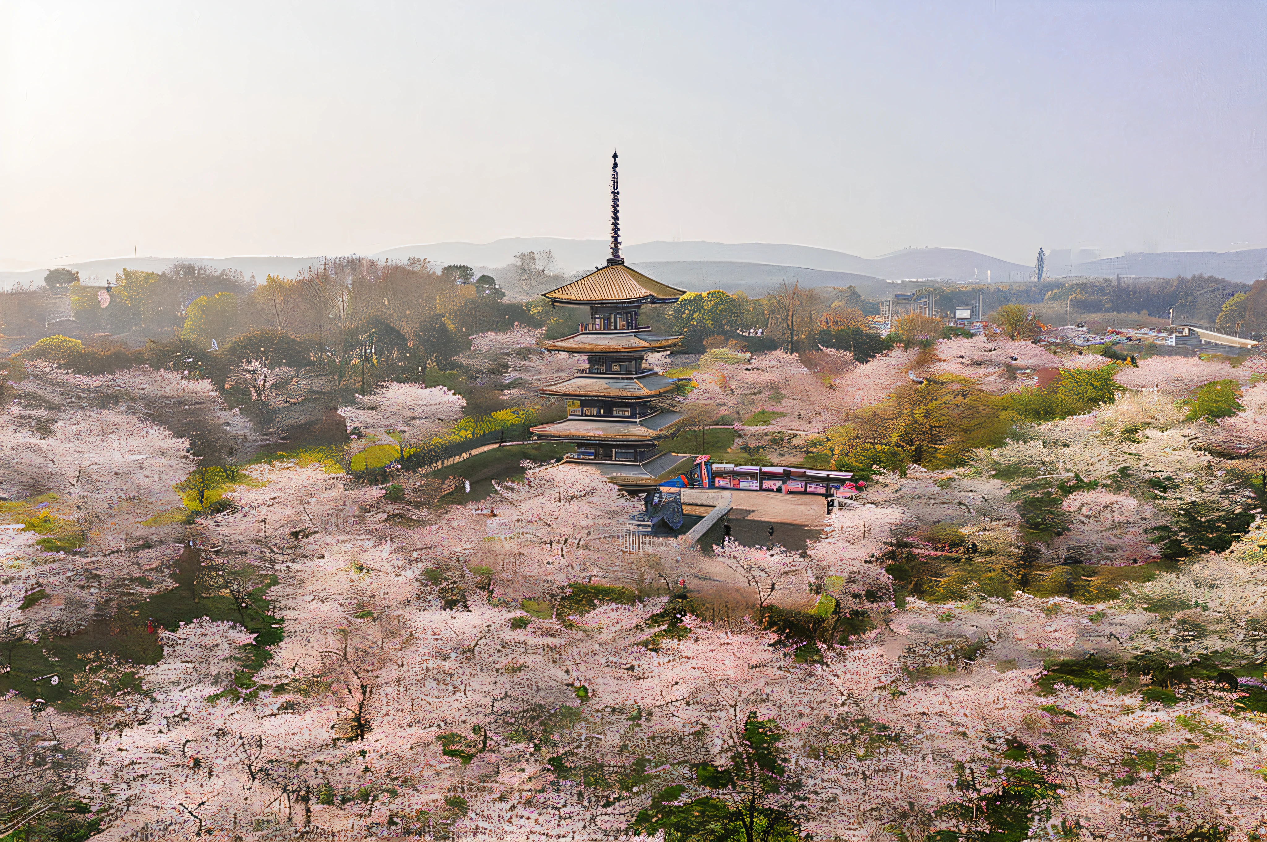 Pink flowers bloom in the park，In the background is a pagoda, looking from above, sakura season, Cherry blossom forest, the cherry trees, Cherry blossom trees, sakura, sakura trees in the background, ancien chinese tower, author：Tadashi Nakayama, Ancient Chinese architecture, pagoda with a lot of wind chimes, Lush cherry blossom trees, Hangzhou