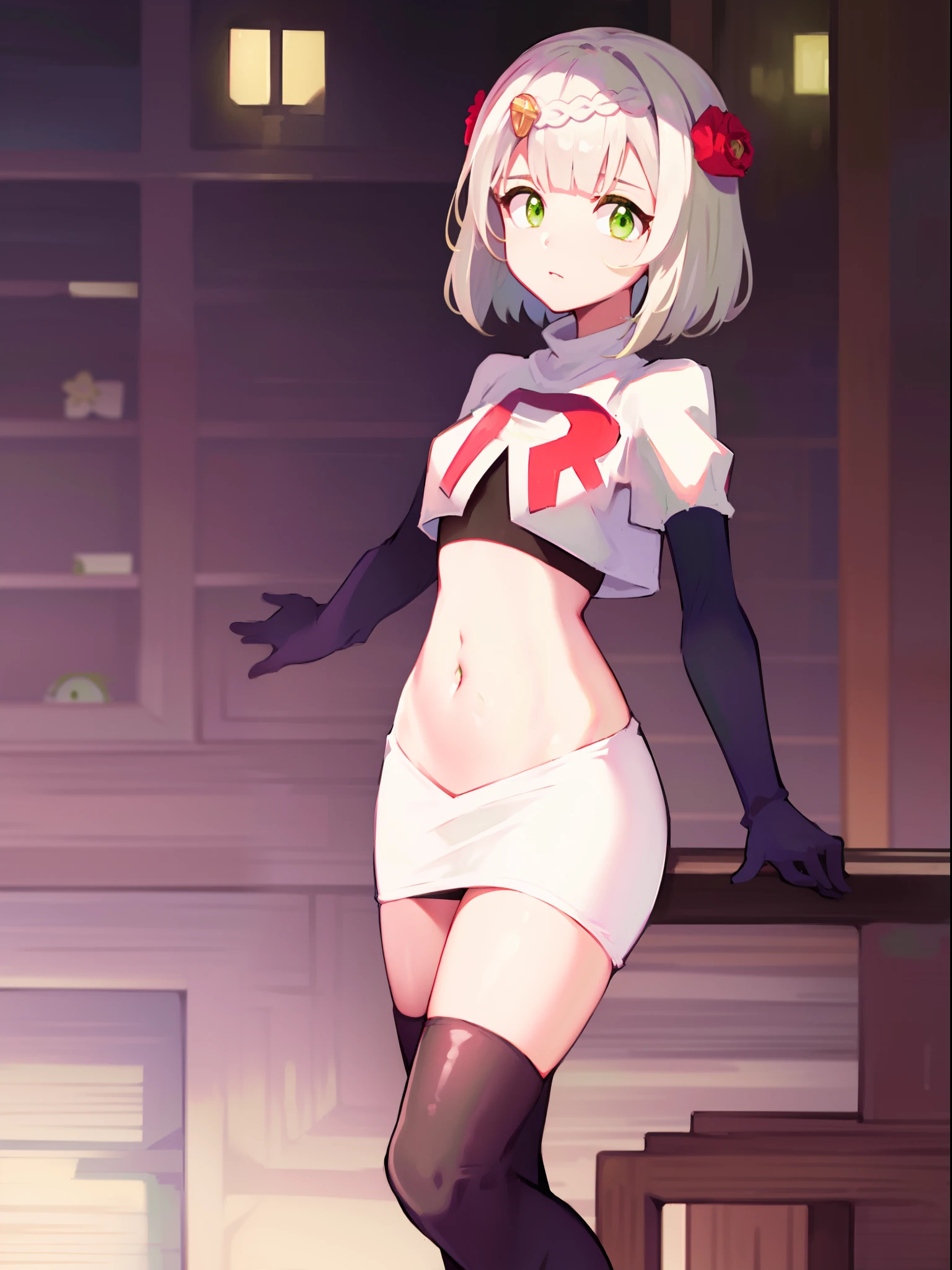 genshinnoelle, noelle, braid, flower, hair flower, hair ornament, short hair, silver hair, (green eyes:1.5),team rocket,team rocket uniform,white skirt,crop top,black thigh-high boots,black elbow gloves,