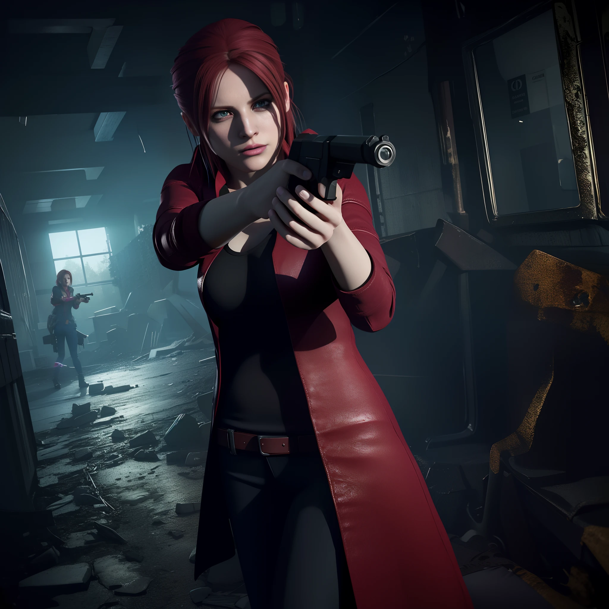 4K, HD, ((Claire Redfield 40 years old)), beautiful face, looking at viewer, very long red hair, perfect Face, black jeans, red long coat with black t-shirt, red nail polish, friendly face, Glare, holding a gun