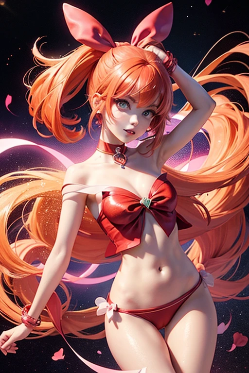 anime style; 3d; glitter; Blossom from The Powerpuff Girls; color is pink, and she has long red-orange hair with a red bow