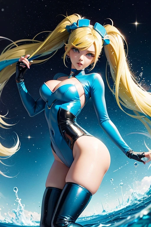 anime style; 3d; glitter; Bubbles from The Powerpuff Girls; color is blue, and she has blonde hair in pigtails