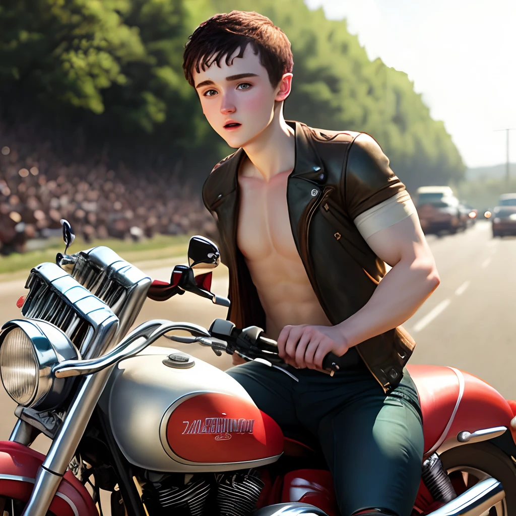 Josh Hutcherson shirtless on a motorcycle