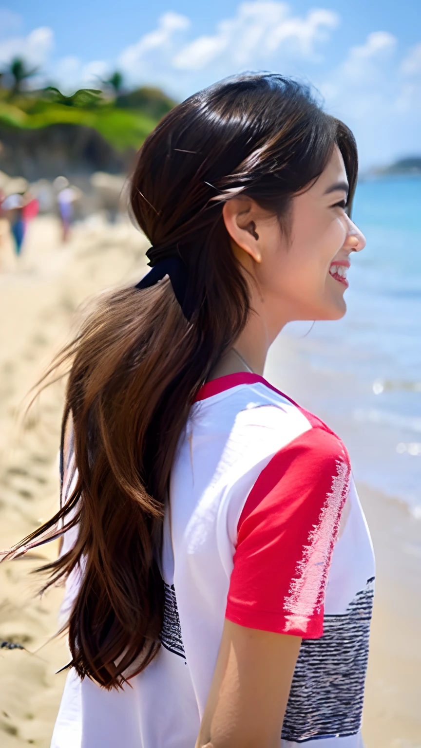 Long hair, Bright patterned T-shirt、micromini, the beach,Beautie、kawaii、a smile、Rear view、