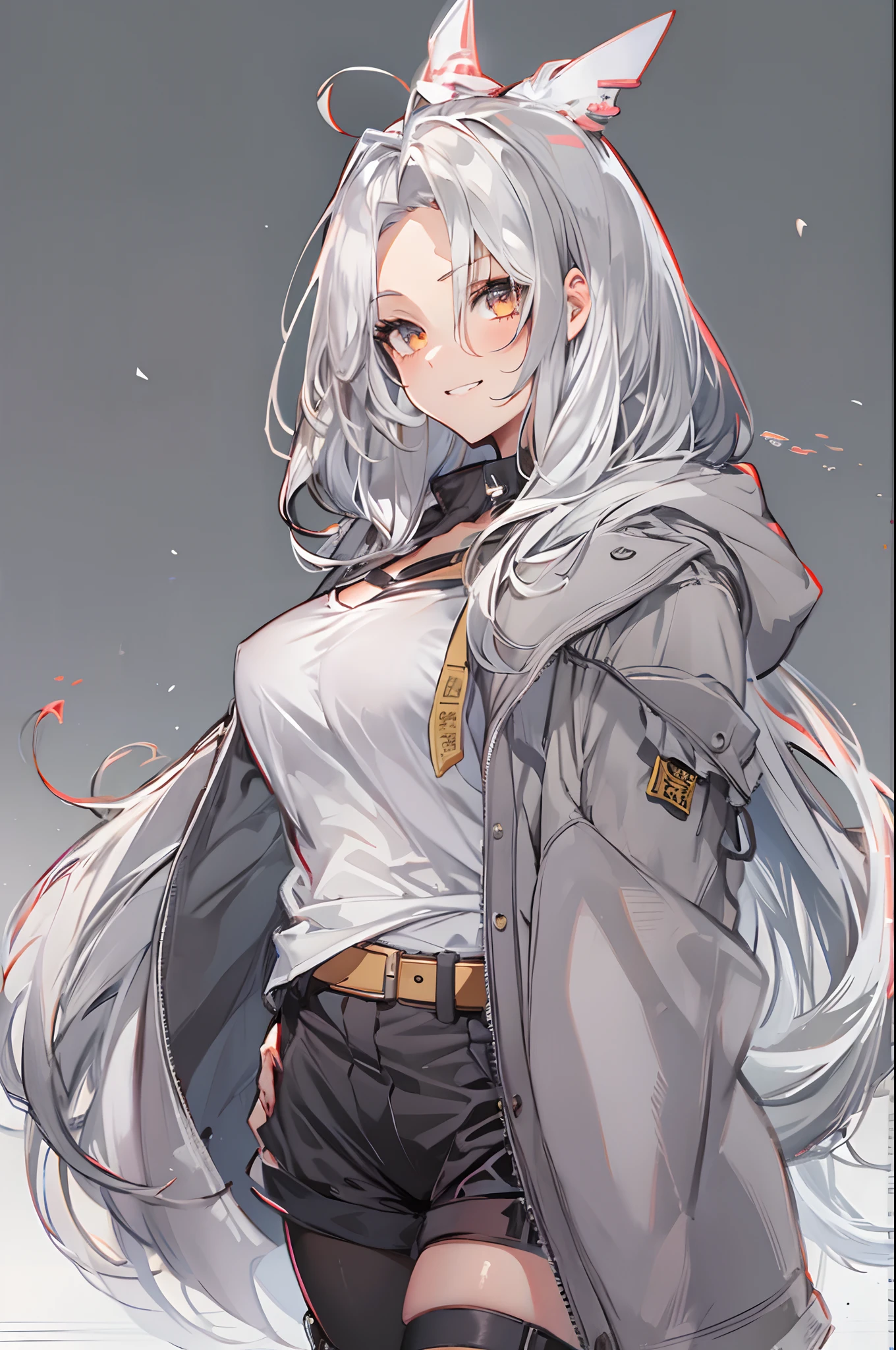 1girl, {solo}, upper body ,{{ {looking at viewer}}}, arm at side, concept art, white background, simple background, white hair, silver gradiient hair , complex cloth, asymmetrical clothes, virtual youtuber, best quality, masterpiece, dynamic angle, guilty gear, guilty gear, guilty gear, cowboy_shot, looking_back, grabbing, girl,woman,female, young,20 years old, very long hair, flipped hair, silver hair, flowing hair, ahoge, smirk, beautiful and delicate golden eyes, teeth, medium_breasts, blonde eyes, white skin, coat, hoodie, black_shorts, grey Clothes, transparent_background, backlighting, absurdres, highres, ultra detailed,