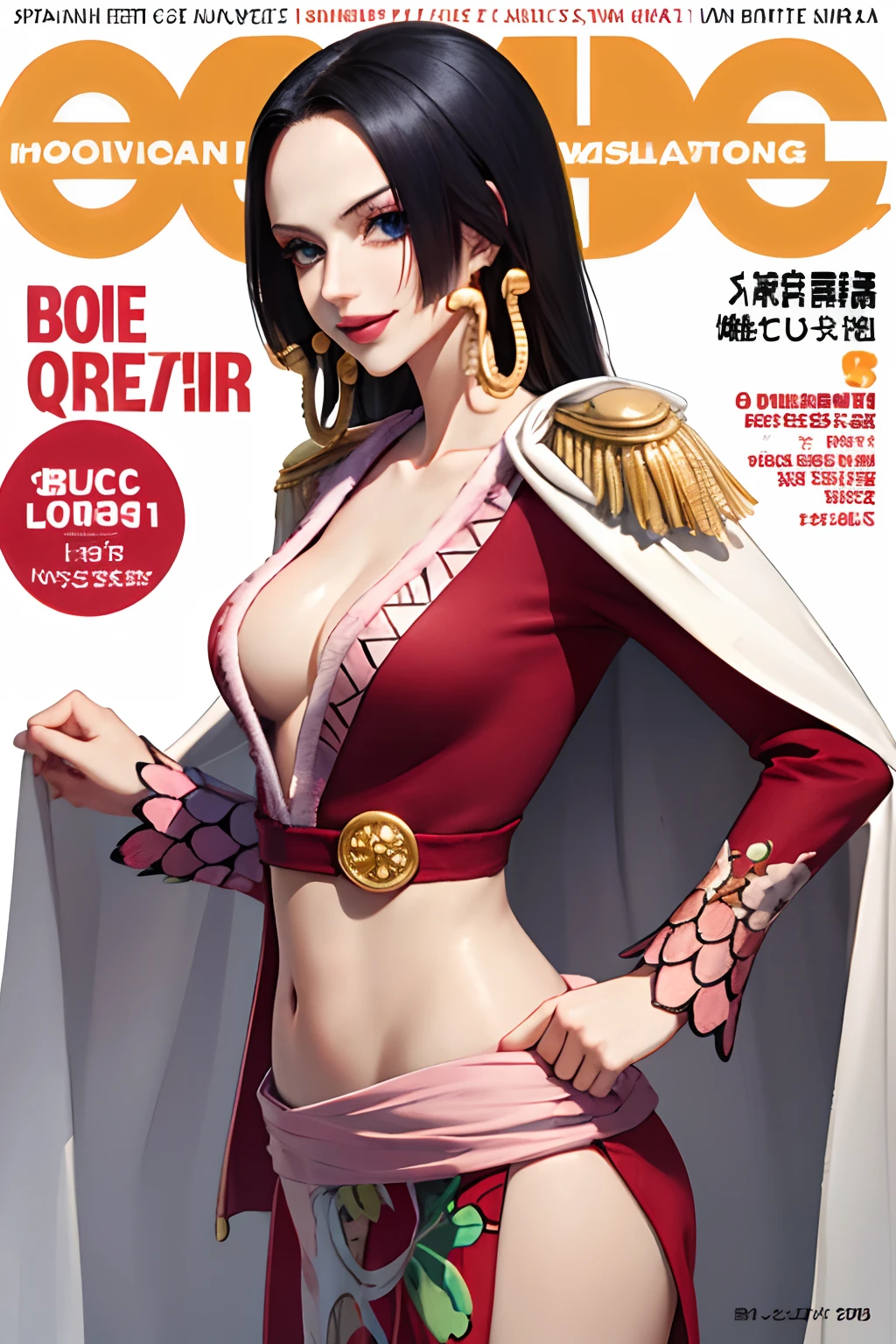 masterpiece, best quality, spring outfit, colorful hair, outdoor, magazine cover ,upper body, (Boa Hancock) Boa Hancock of onepiece.(masterpiece, best quality:1.2), cowboy shot, solo, 1girl, boa hancock, smile, looking at viewer, hand on hip, cape, epaulettes, cleavage, jewelry, earrings, midriff