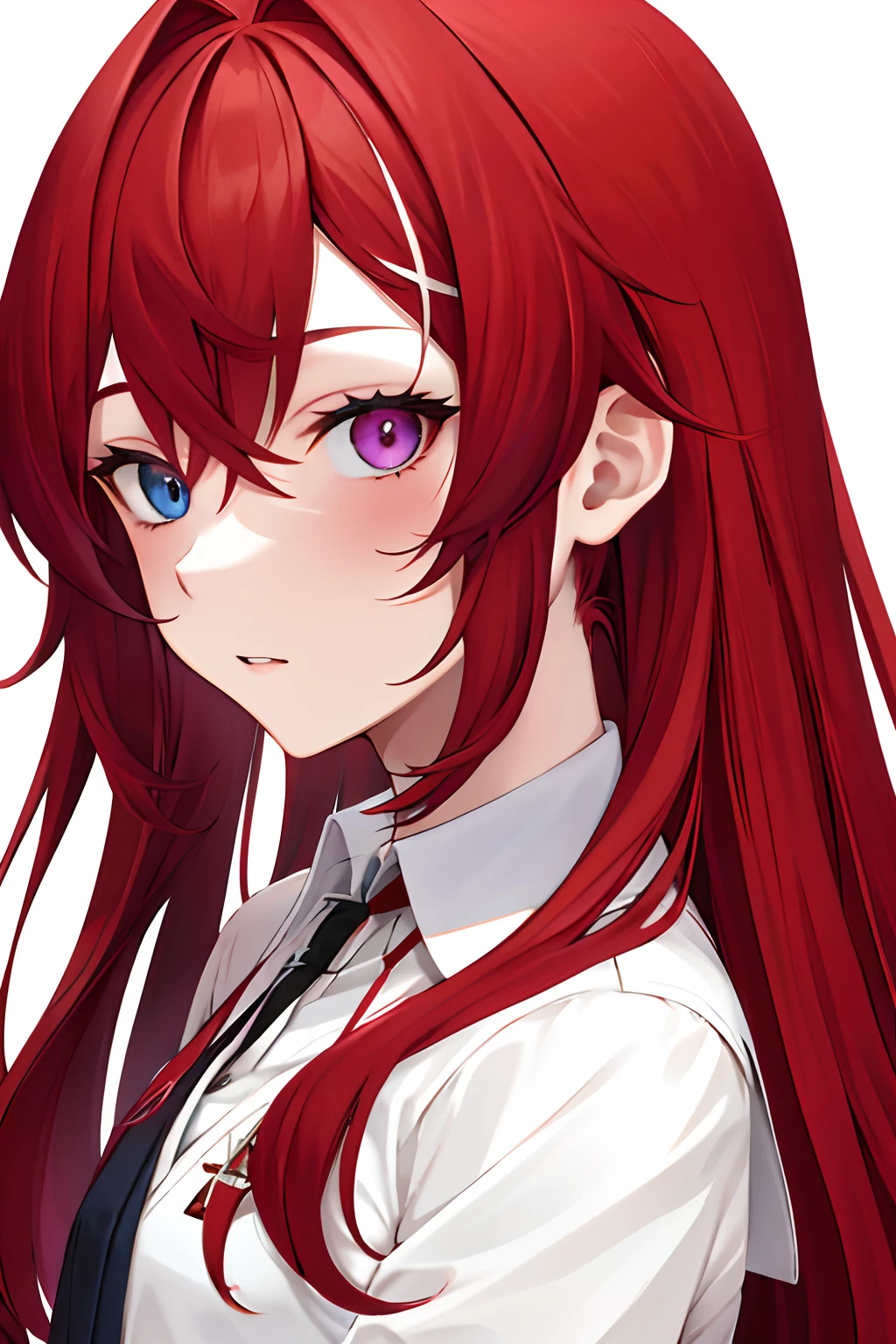 red rair, long hair, school uniform, ddange, heterochromia, white background, portrait