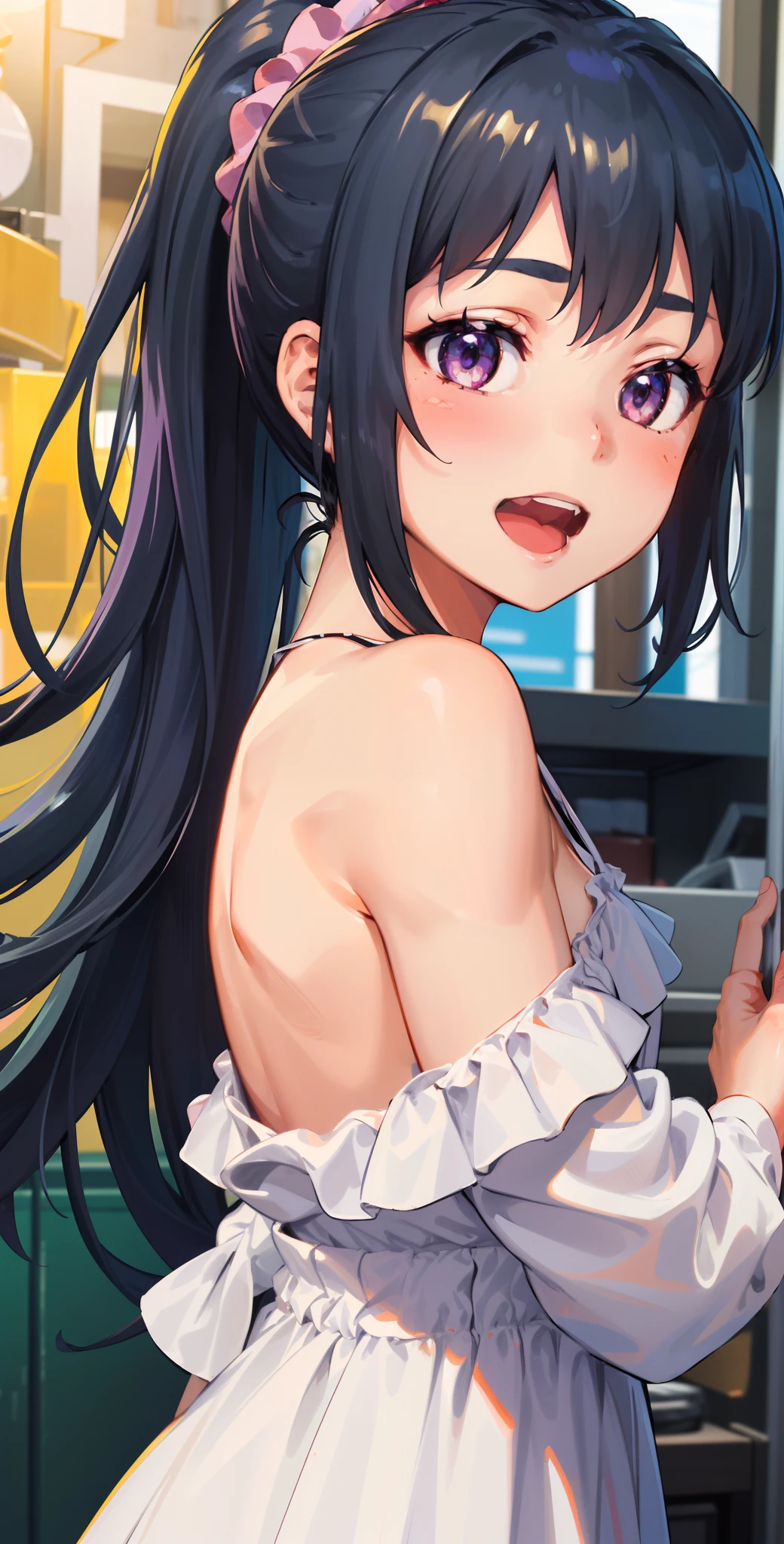 ((masterpiece)), (best quality), official art, extremely detailed CG, unity 8k wallpaper, ultra detailed, highly detailed, detailed background, vivid color, 
1girl, saki kawasaki, ponytail, scrunchie, smile, happy, open mouth, 
Ruffled off-the-shoulder dress with a high-low hem, ((authority, yandere,  close-up))