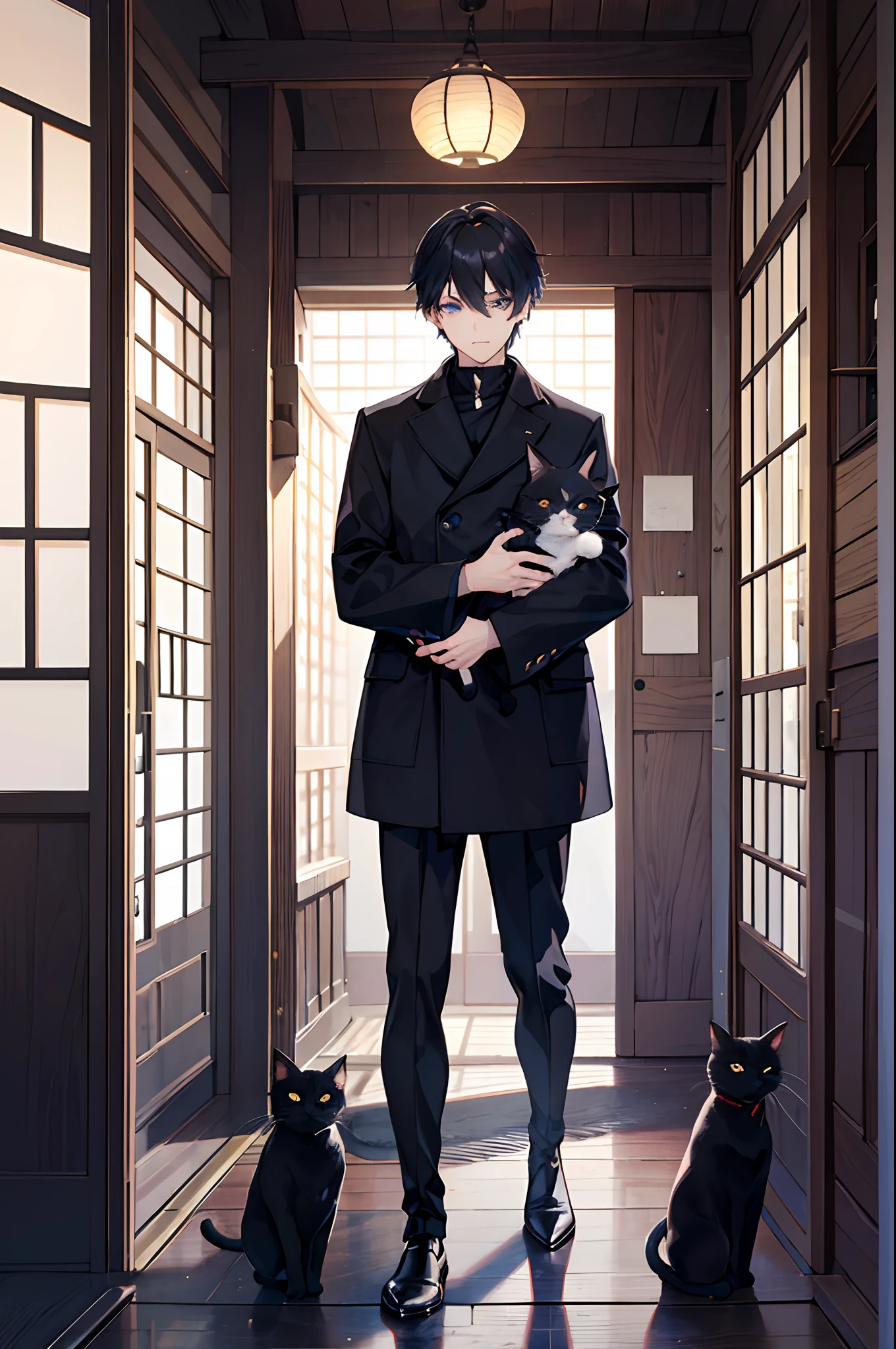 male people A dark-haired blue eyess Black slacks Sweaters coat long boots Japanese houses in a house Hugging the cat masterpiece Top image quality Clear Parts Cinematic Shadows Increased attractiveness of the eyes Clear the shine of the eyes Draw eyelashes neatly Perfect Eye A detailed eye Sharpen image quality Sharpen eye writing Clear eye shape